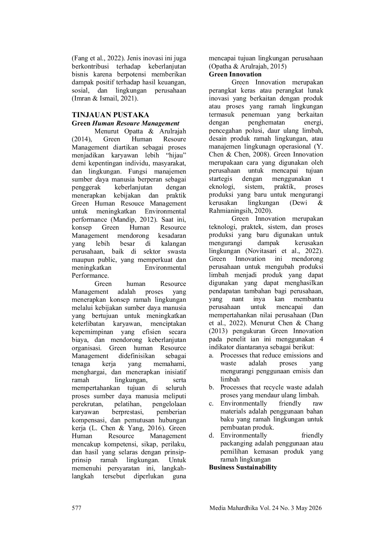 JURIS Green Human Resource Management and Green Innovation in Enhancing Business Sustainability