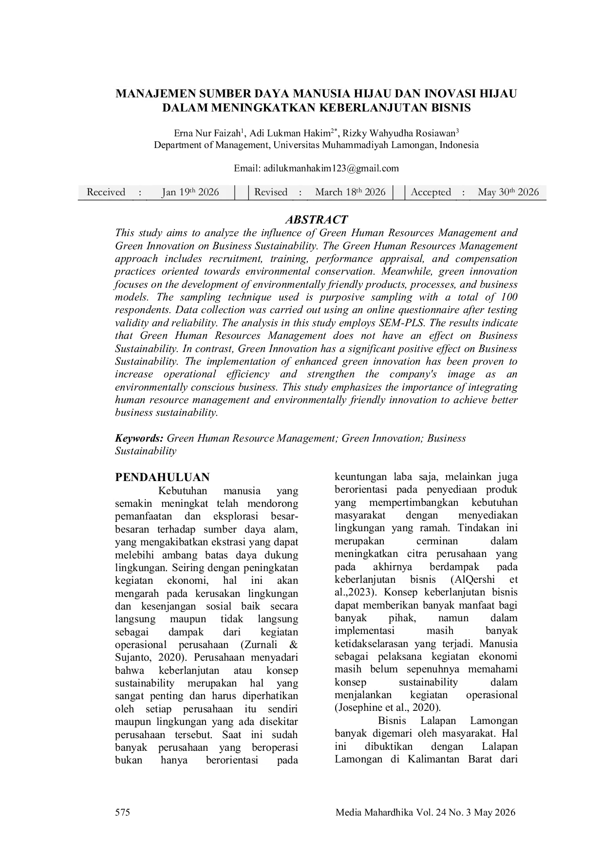JURIS Green Human Resource Management and Green Innovation in Enhancing Business Sustainability