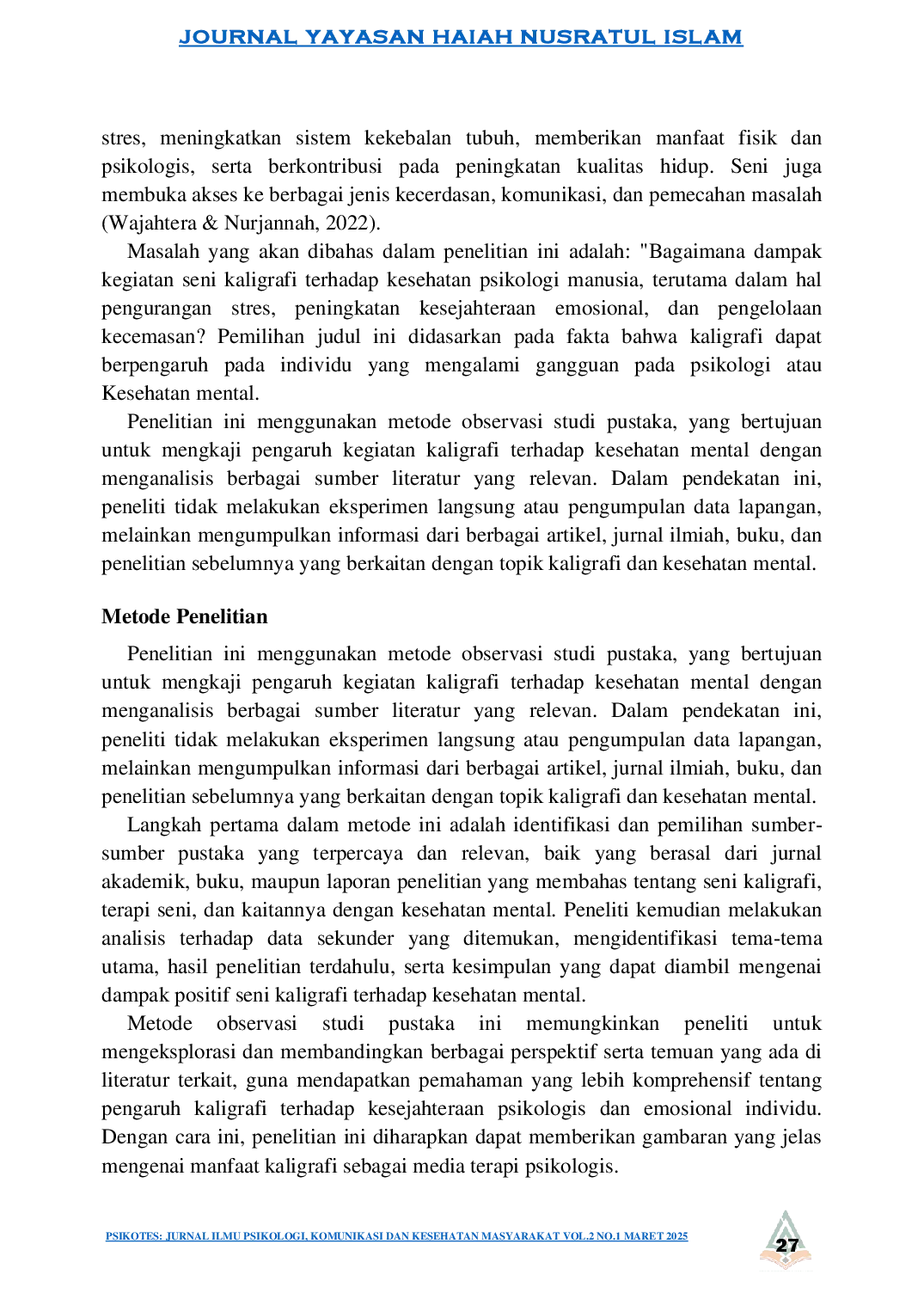 juris Kaligrafi dan Kesehatan Mental dalam Tinjauan Psikologi Islam