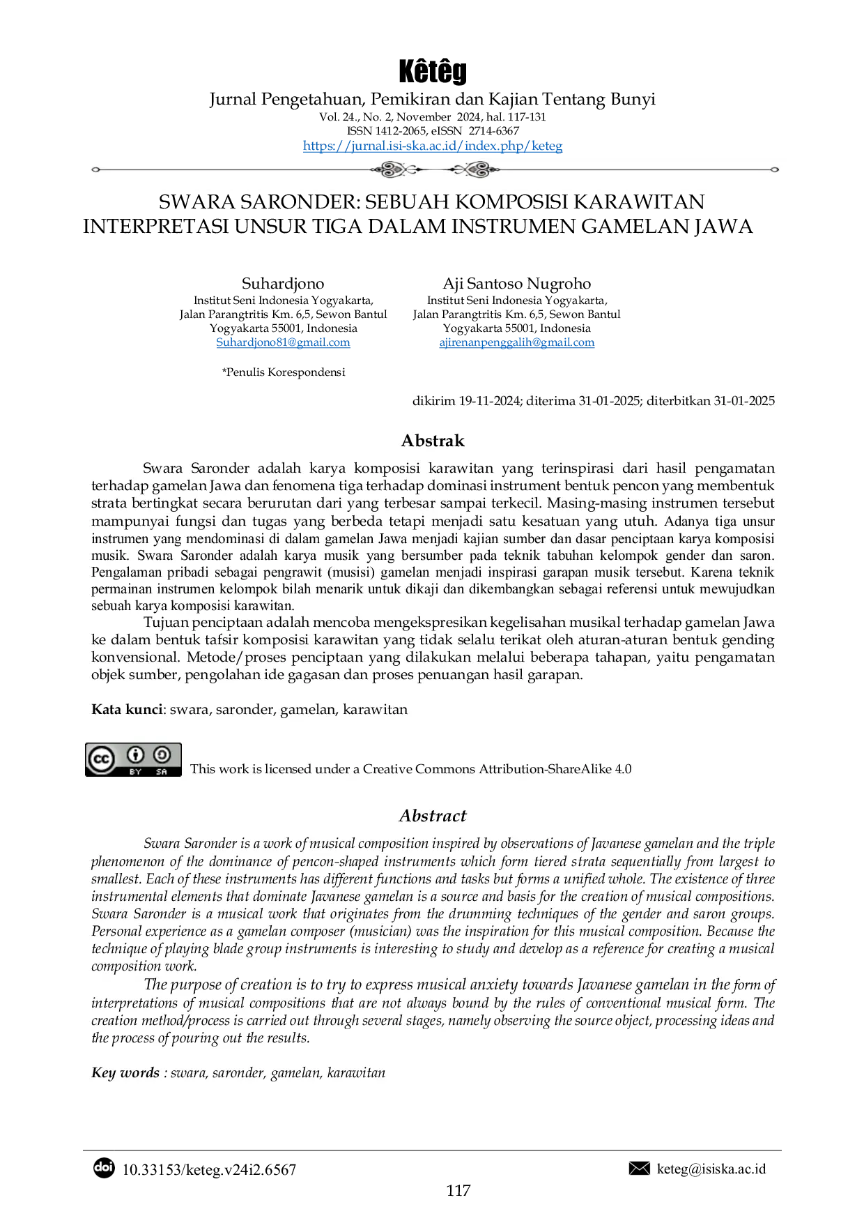 JURIS Swara Saronder Sebuah Komposisi Karawitan Interpretasi Unsur Tiga Dalam Instrumen Gamelan Jawa