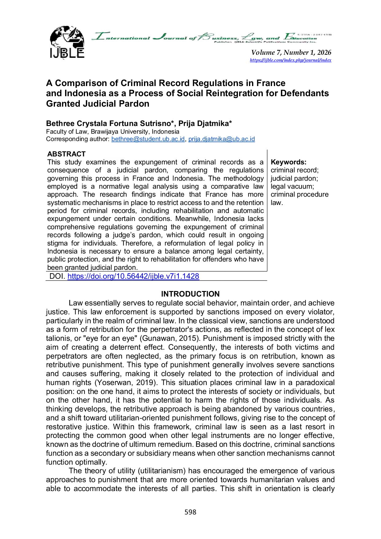 JURIS A Comparison of Criminal Record Regulations in France and Indonesia as a Process of Social Reintegration for Defendants Granted Judicial Pardon