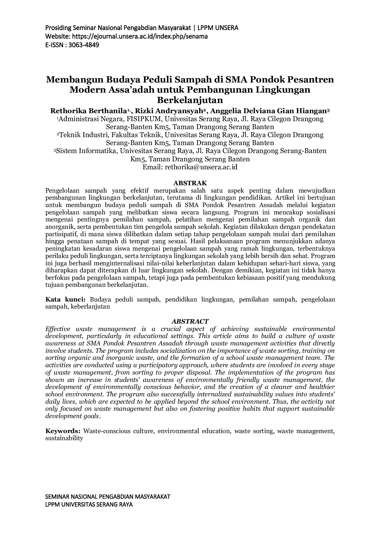 JURIS Membangun Budaya Peduli Sampah di SMA Pondok Pesantren Modern Assa adah untuk Pembangunan Lingkungan Berkelanjutan