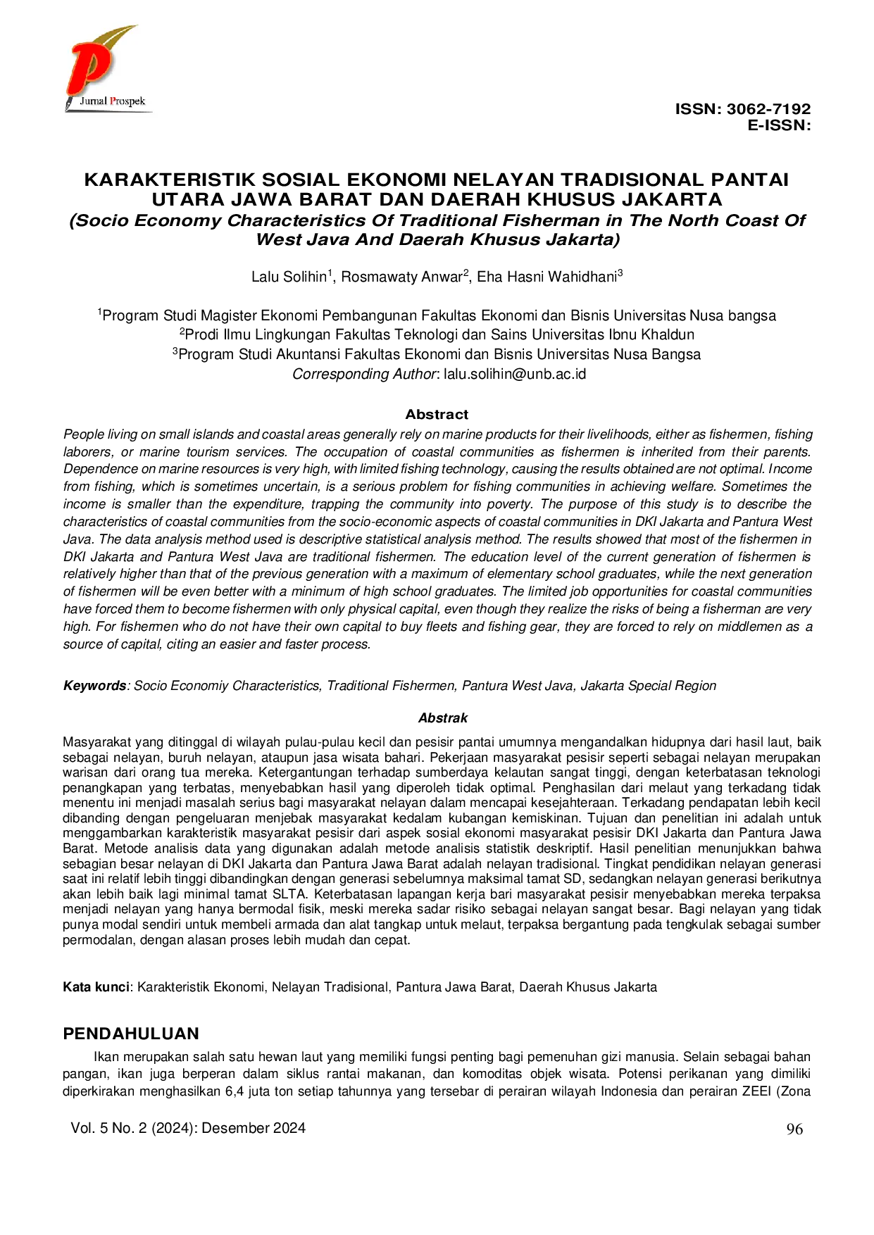 JURIS Karakteristik Sosial Ekonomi Nelayan Tradisional Pantai Utara Jawa Barat Dan Daerah Khusus Jakarta