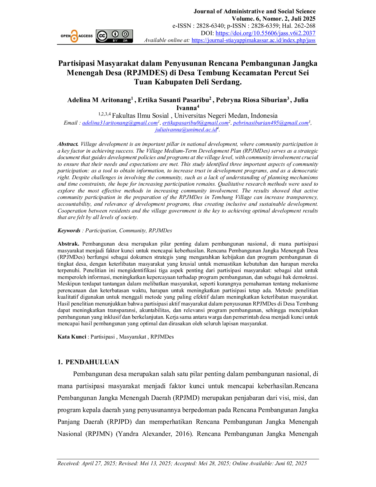 JURIS Partisipasi Masyarakat Dalam Penyusunan Rencana Pembangunan Jangka Menengah Desa RPJMDES Di Desa Tembung Kecamatan Percut Sei Tuan Kabupaten Deli Serdang