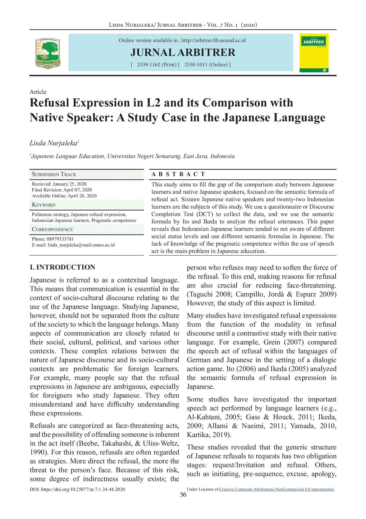 JURIS Refusal Expression in L2 and Its Comparison with Native Speaker A Study Case in the Japanese Language