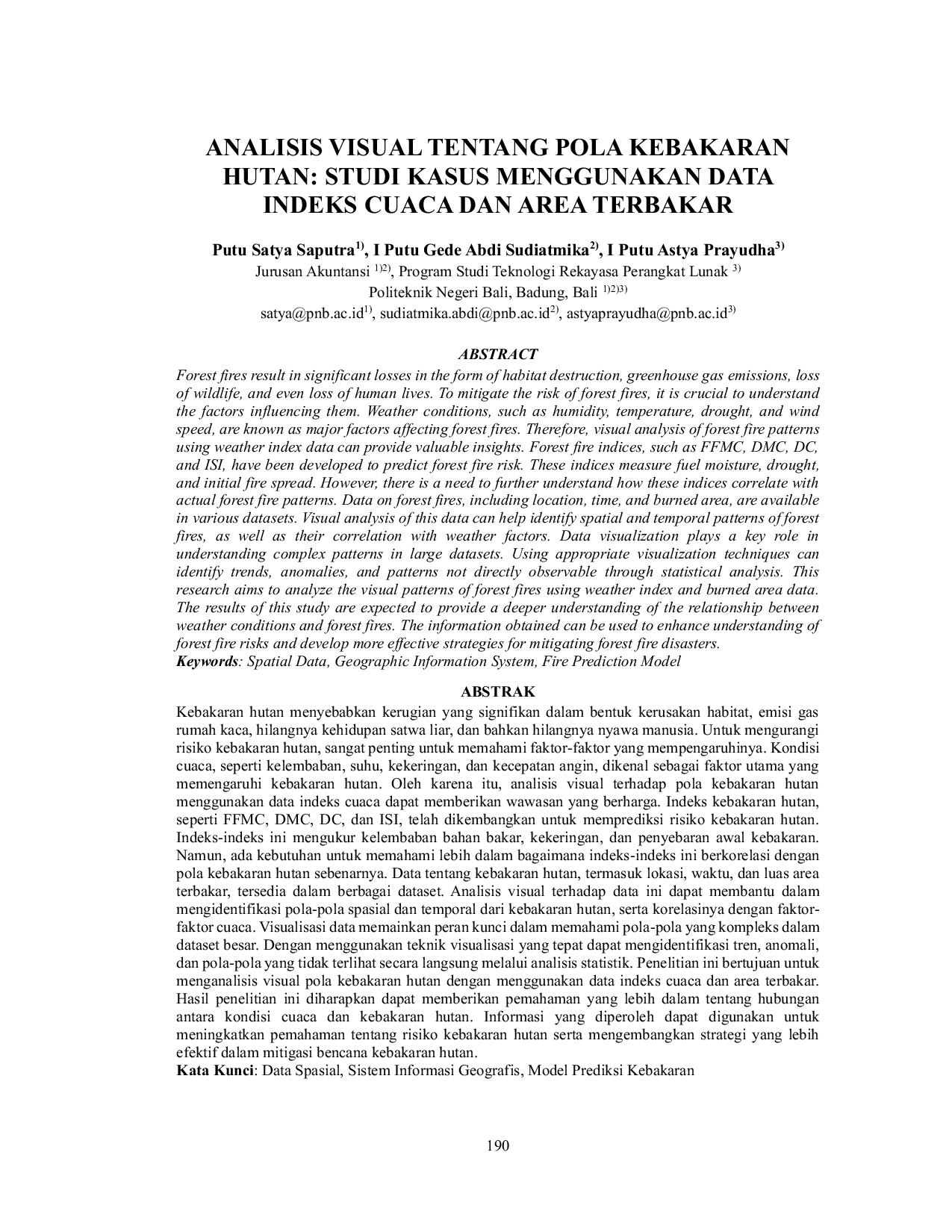 JURIS Analisis Visual tentang Pola Kebakaran Hutan Studi Kasus Menggunakan Data Indeks Cuaca dan Area Terbakar