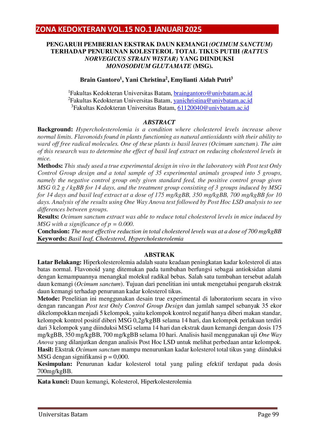 JURIS Pengaruh Pemberian Ekstrak Daun Kemangi Ocimum Sanctum Terhadap Penurunan Kolesterol Total Tikus Putih Rattus Norvegicus Strain Wistar Yang Diinduksi Monosodium Glutamate Msg