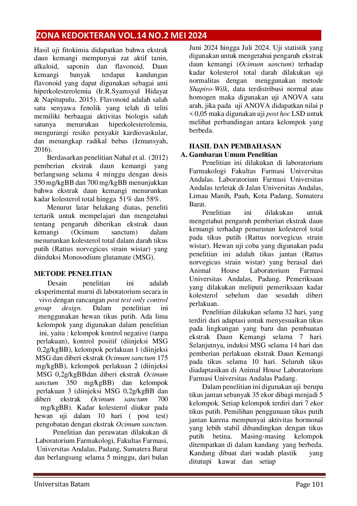 JURIS Pengaruh Pemberian Ekstrak Daun Kemangi Ocimum Sanctum Terhadap Penurunan Kolesterol Total Tikus Putih Rattus Norvegicus Strain Wistar Yang Diinduksi Monosodium Glutamate Msg
