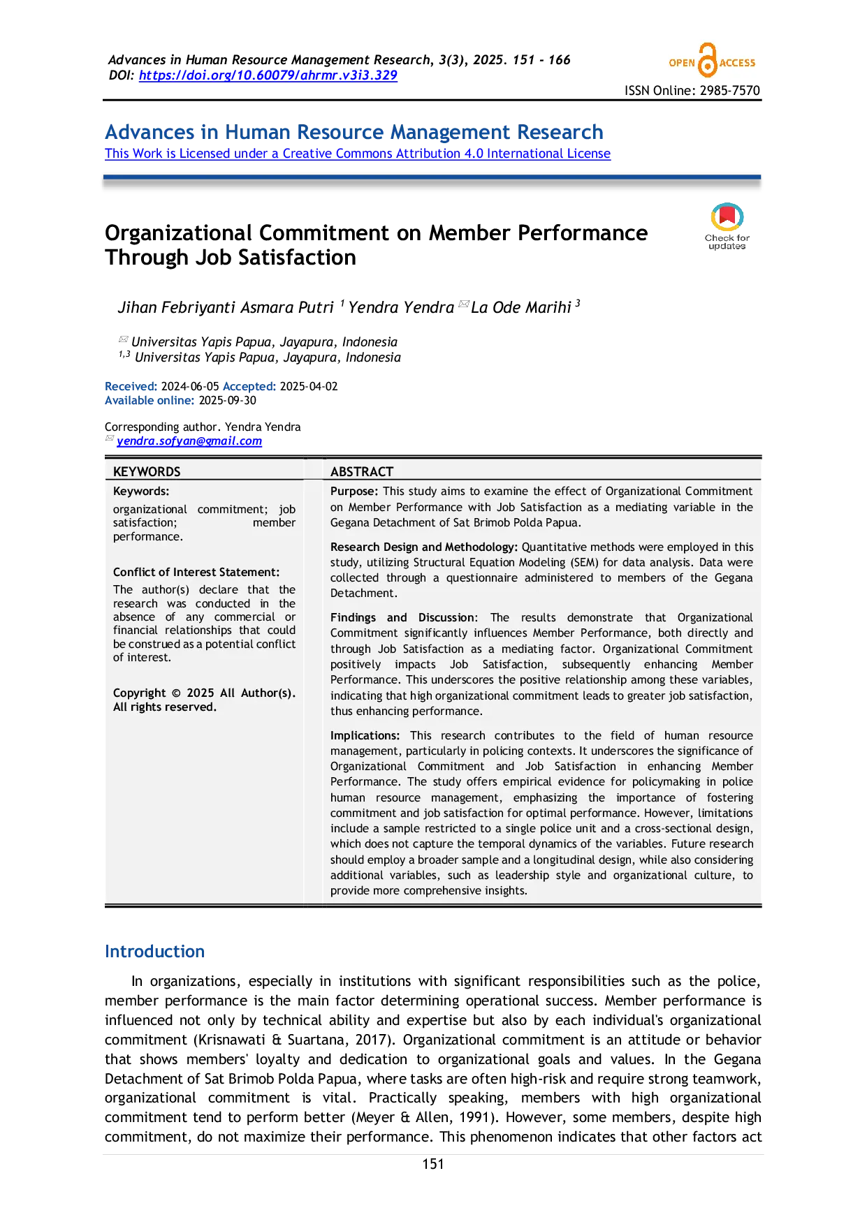 JURIS Organizational Commitment on Member Performance Through Job Satisfaction