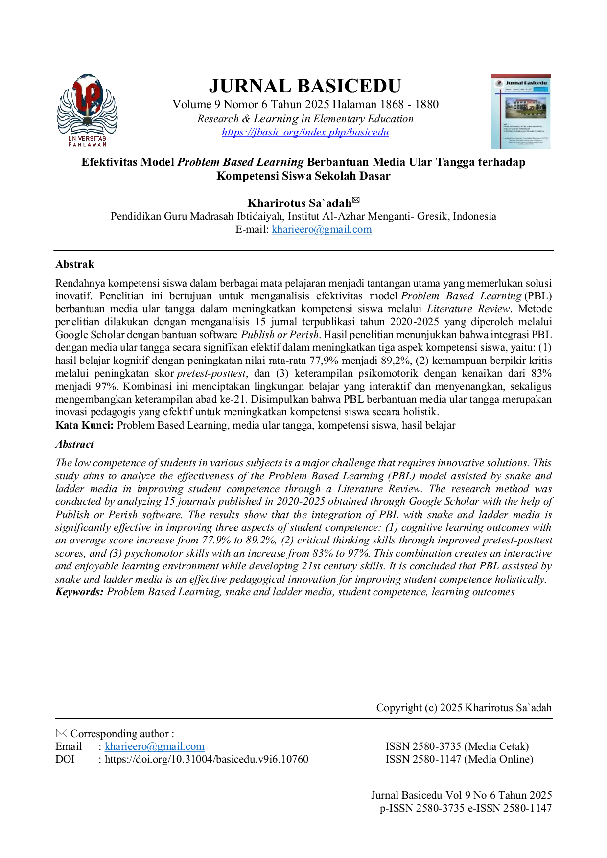 JURIS Efektivitas Model Problem Based Learning Berbantuan Media Ular Tangga terhadap Kompetensi Siswa Sekolah Dasar