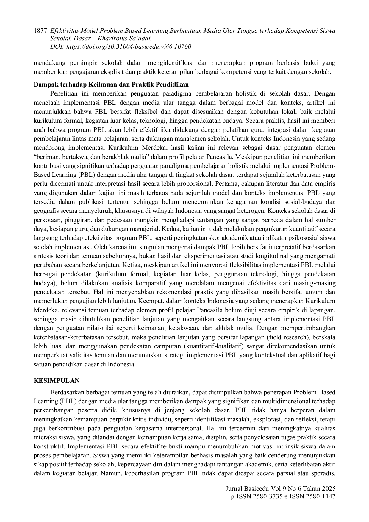 JURIS Efektivitas Model Problem Based Learning Berbantuan Media Ular Tangga terhadap Kompetensi Siswa Sekolah Dasar