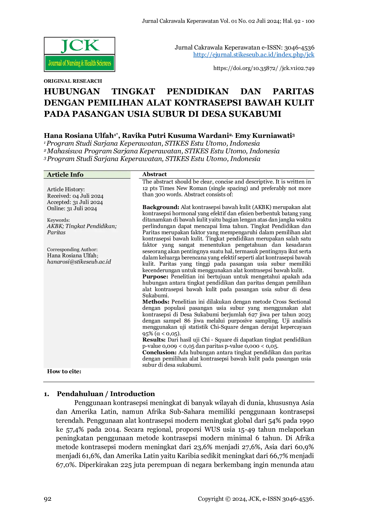 JURIS Hubungan Tingkat Pendidikan Dan Paritas Dengan Pemilihan Alat Kontrasepsi Bawah Kulit Pada Pasangan Usia Subur Di Desa Sukabumi