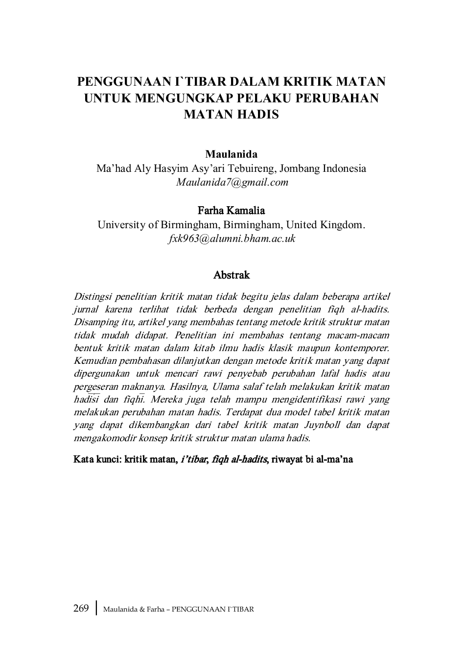 JURIS Penggunaan I tibar dalam Kritik Matan untuk Mengungkap Pelaku Perubahan Matan Hadis