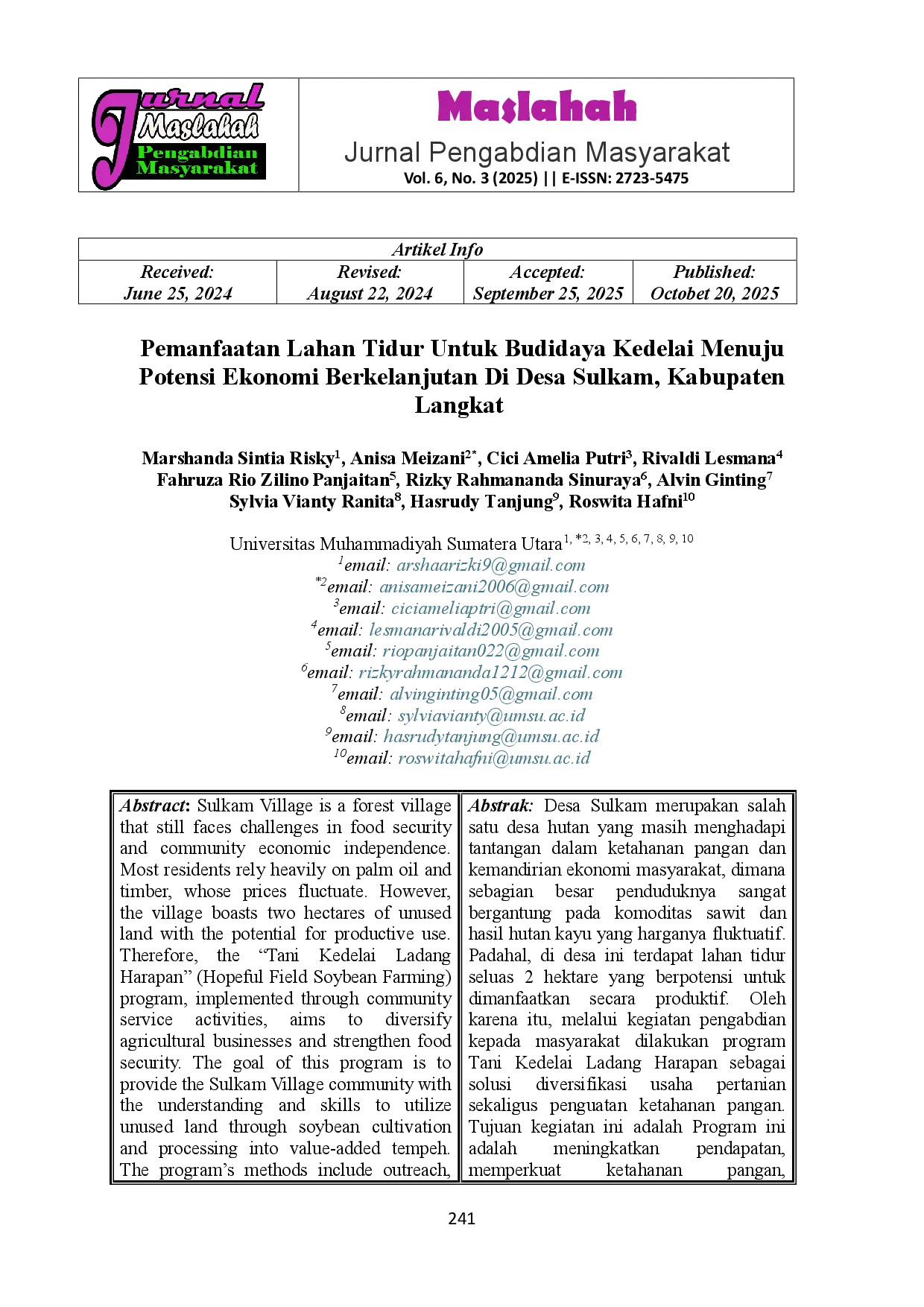 juris Pemanfaatan Lahan Tidur Untuk Budidaya Kedelai Menuju Potensi Ekonomi Berkelanjutan Di Desa Sulkam Kabupaten Langkat