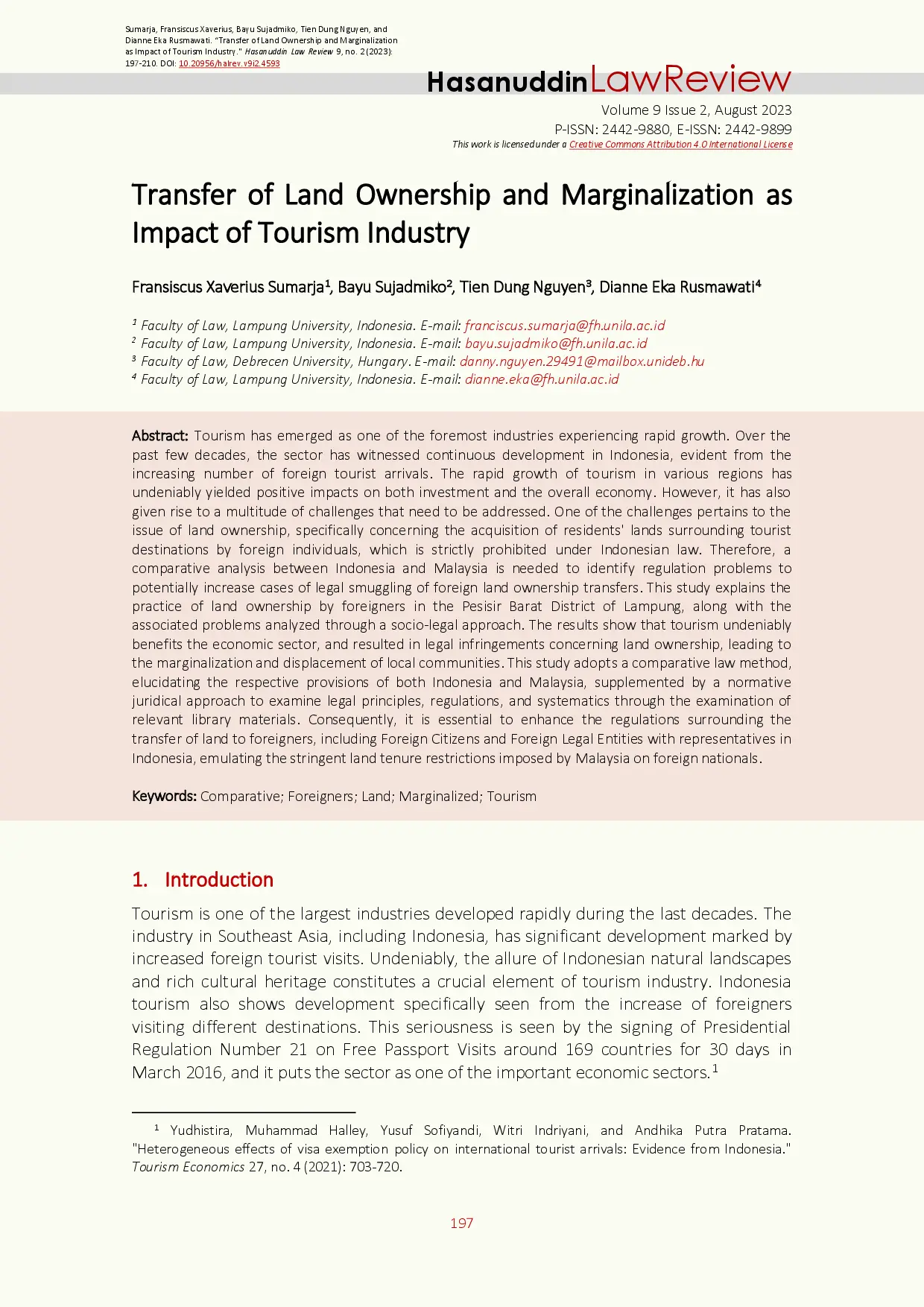 juris Transfer of Land Ownership and Marginalization as Impact of Tourism Industry