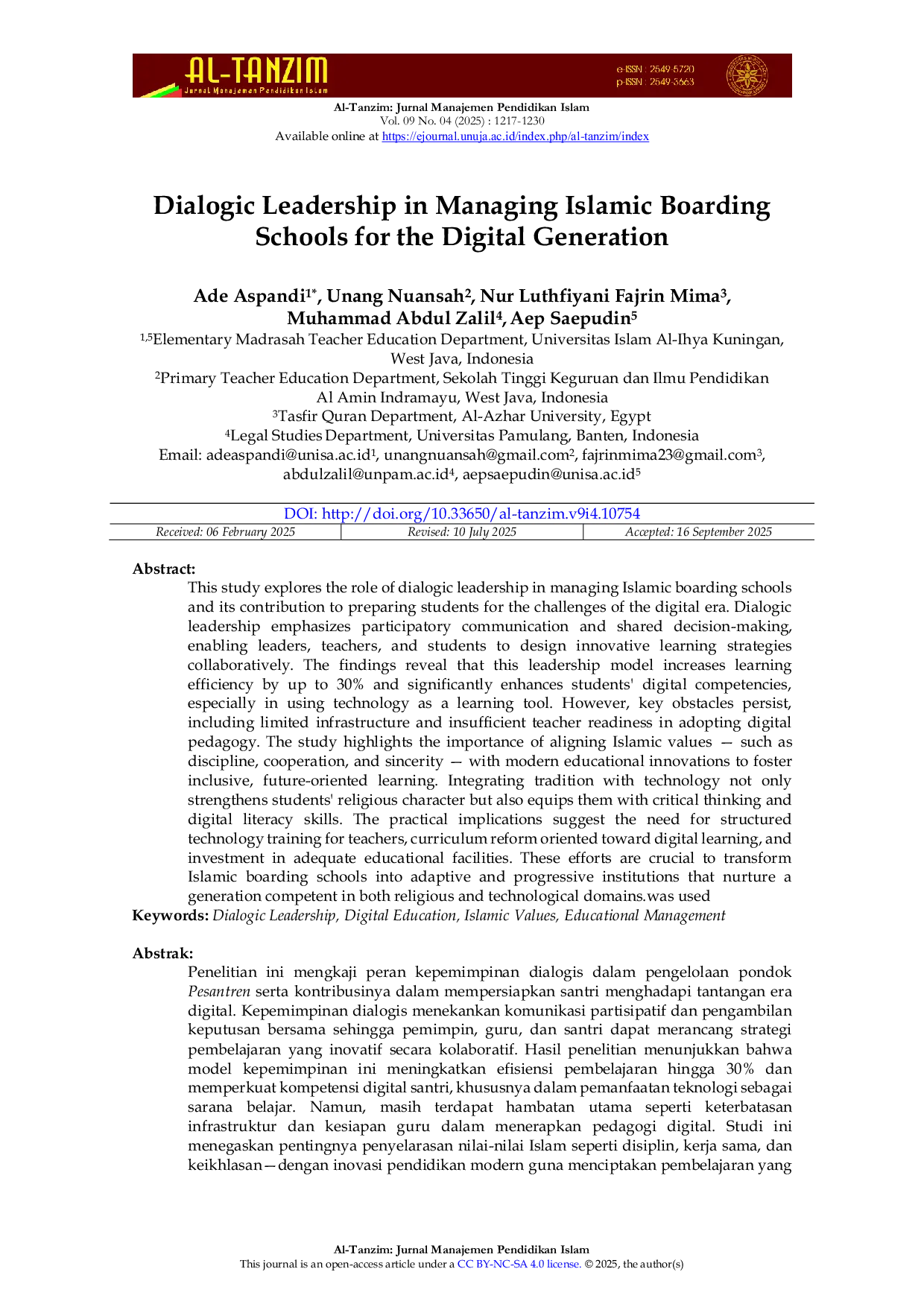 JURIS Dialogic Leadership in Managing Islamic Boarding Schools for the Digital Generation