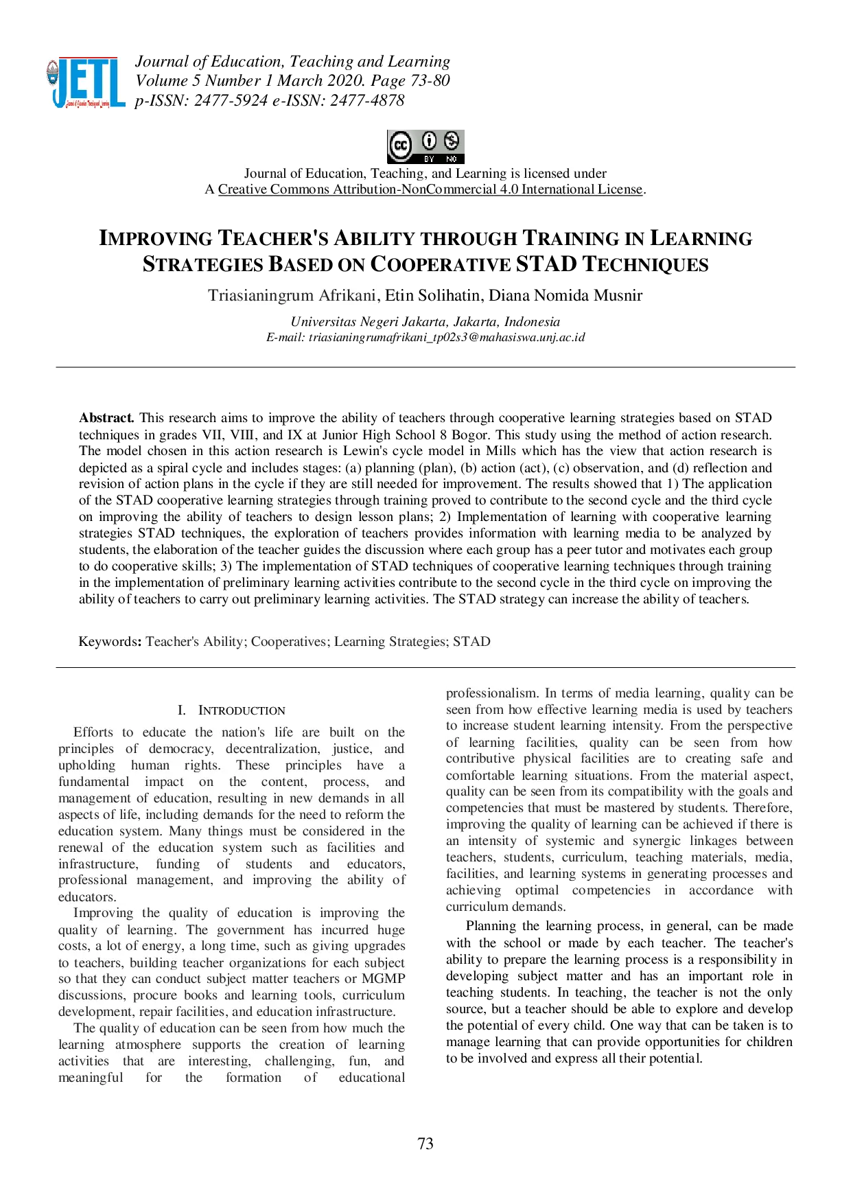 juris Improving Teacher s Ability through Training in Learning Strategies Based on Cooperative STAD Techniques