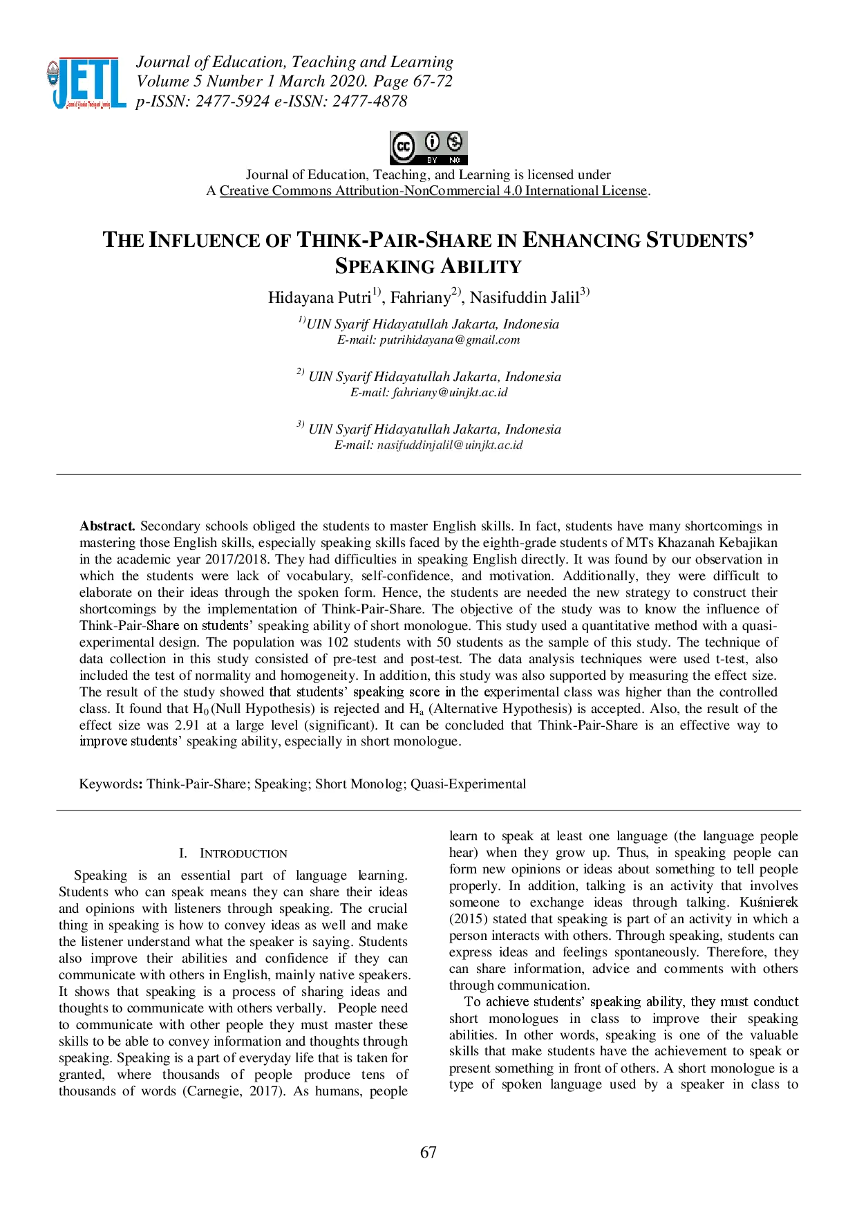 juris The Influence of Think Pair Share in Enhancing Students Speaking Ability