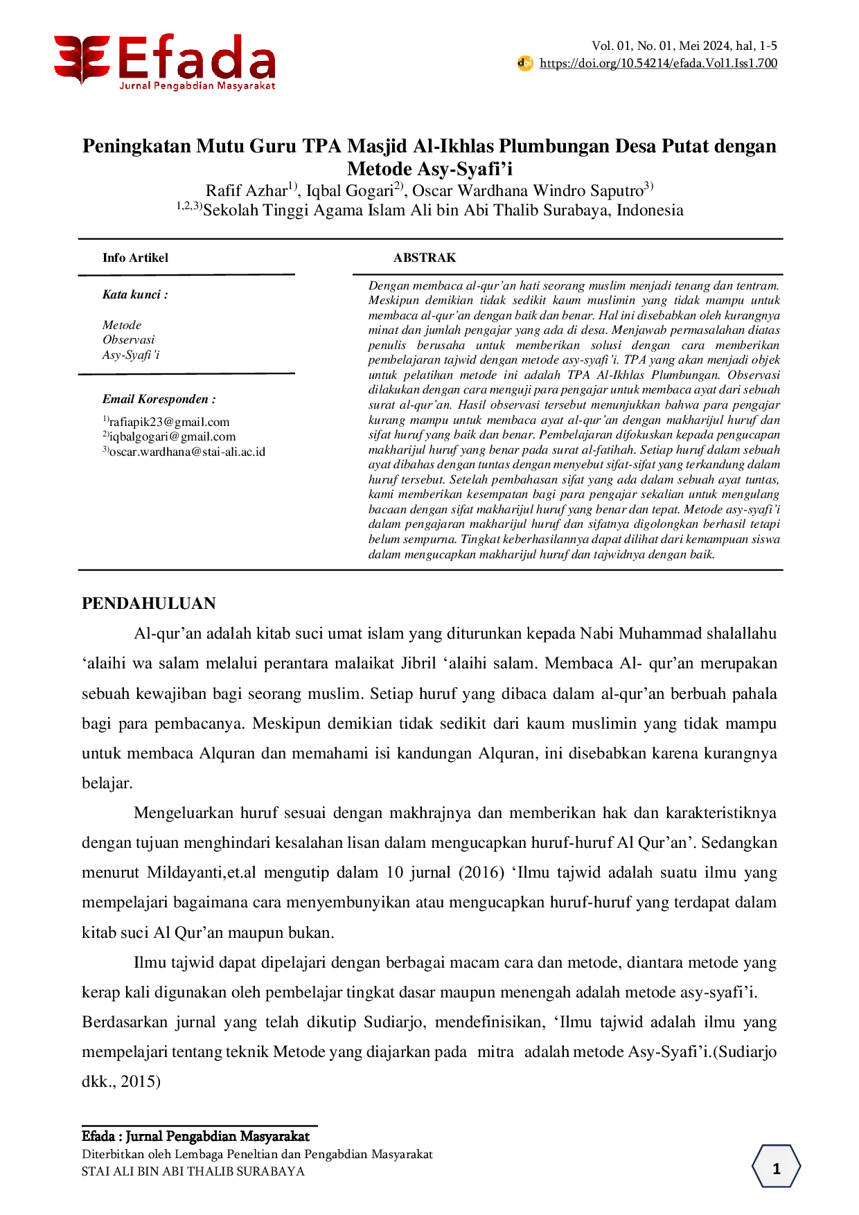 JURIS Peningkatan Mutu Guru TPA Masjid Al Ikhlas Plumbungan Desa Putat dengan Metode Asy Syafi i