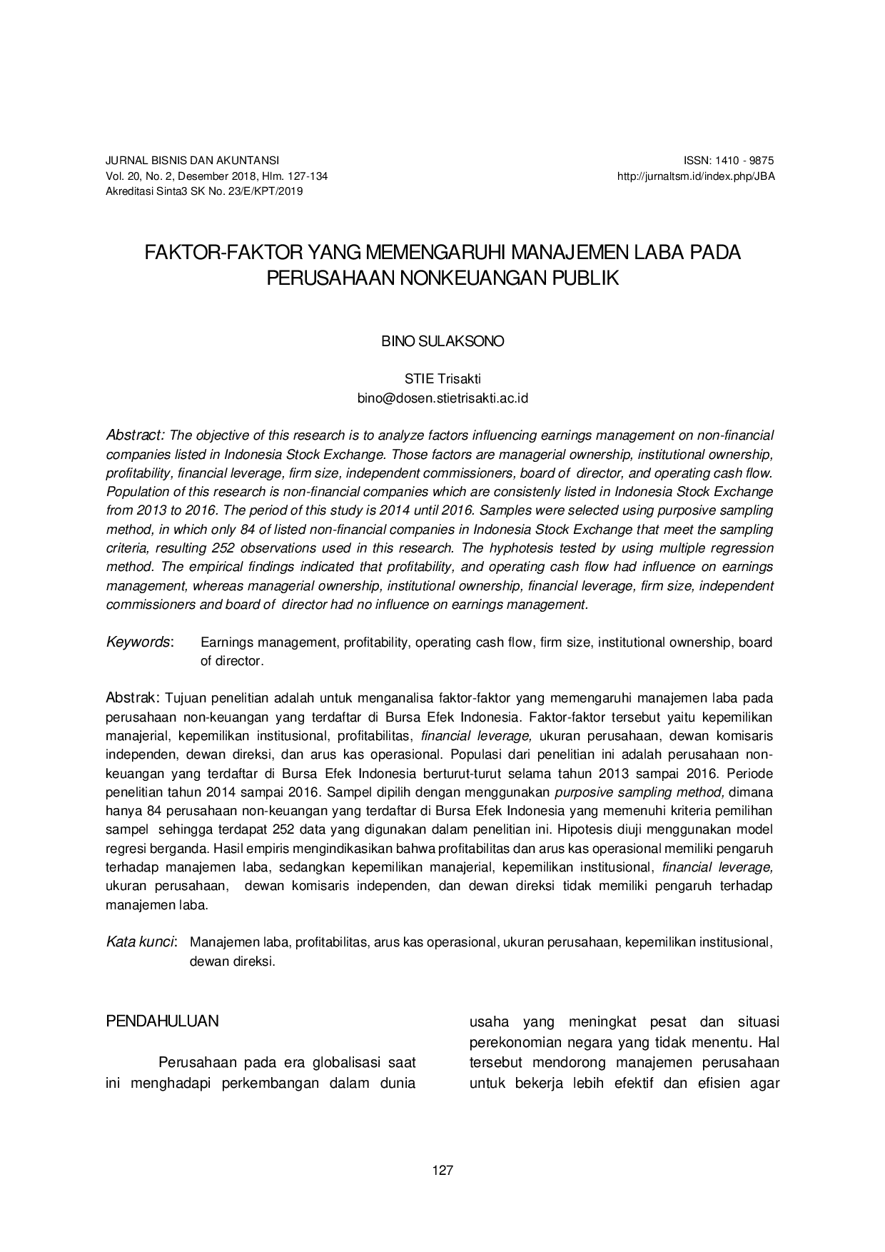 JURIS Faktor Faktor Yang Memengaruhi Manajemen Laba pada Perusahaan Nonkeuangan Publik