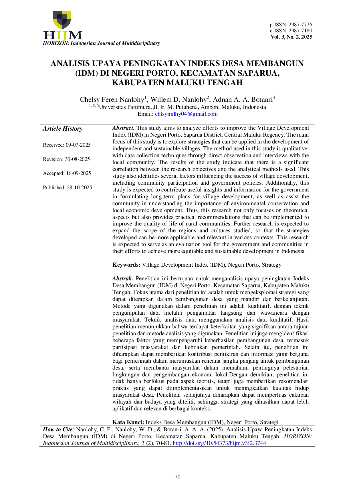 JURIS Analisis Upaya Peningkatan Indeks Desa Membangun IDM di Negeri Porto Kecamatan Saparua Kabupaten Maluku Tengah