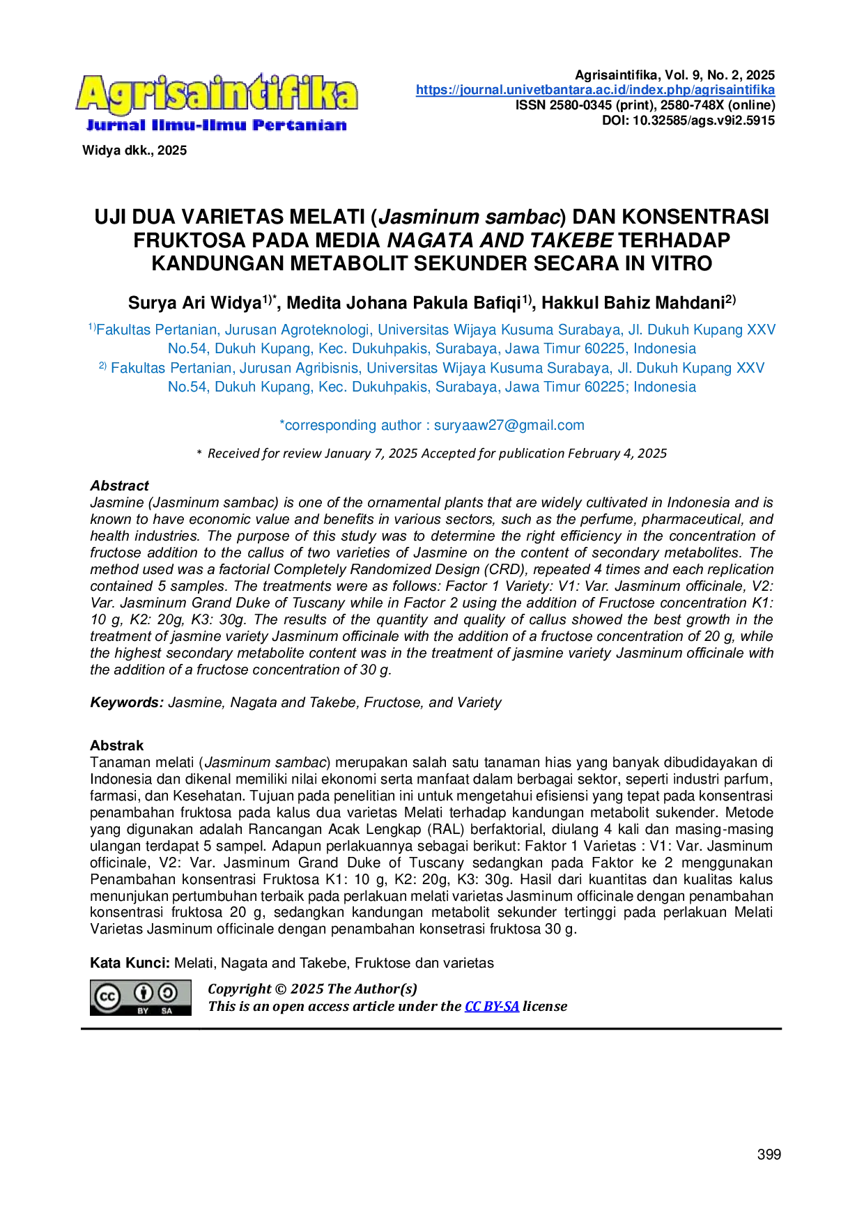 JURIS TEST OF TWO VARIETIES OF JASMINE Jasminum sambac AND FRUCTOSE CONCENTRATION IN Nagata and Takebe MEDIA ON SECONDARY METABOLITES CONTENT IN VITRO