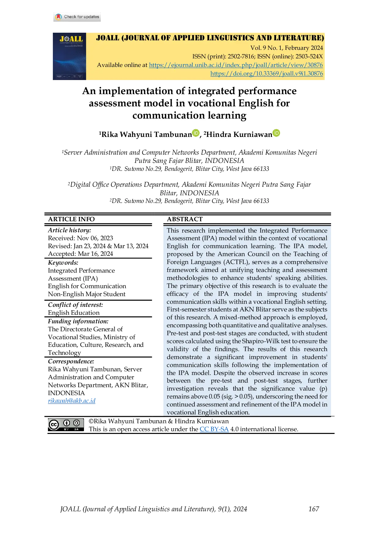 JURIS An implementation of integrated performance assessment model in vocational English for communication learning