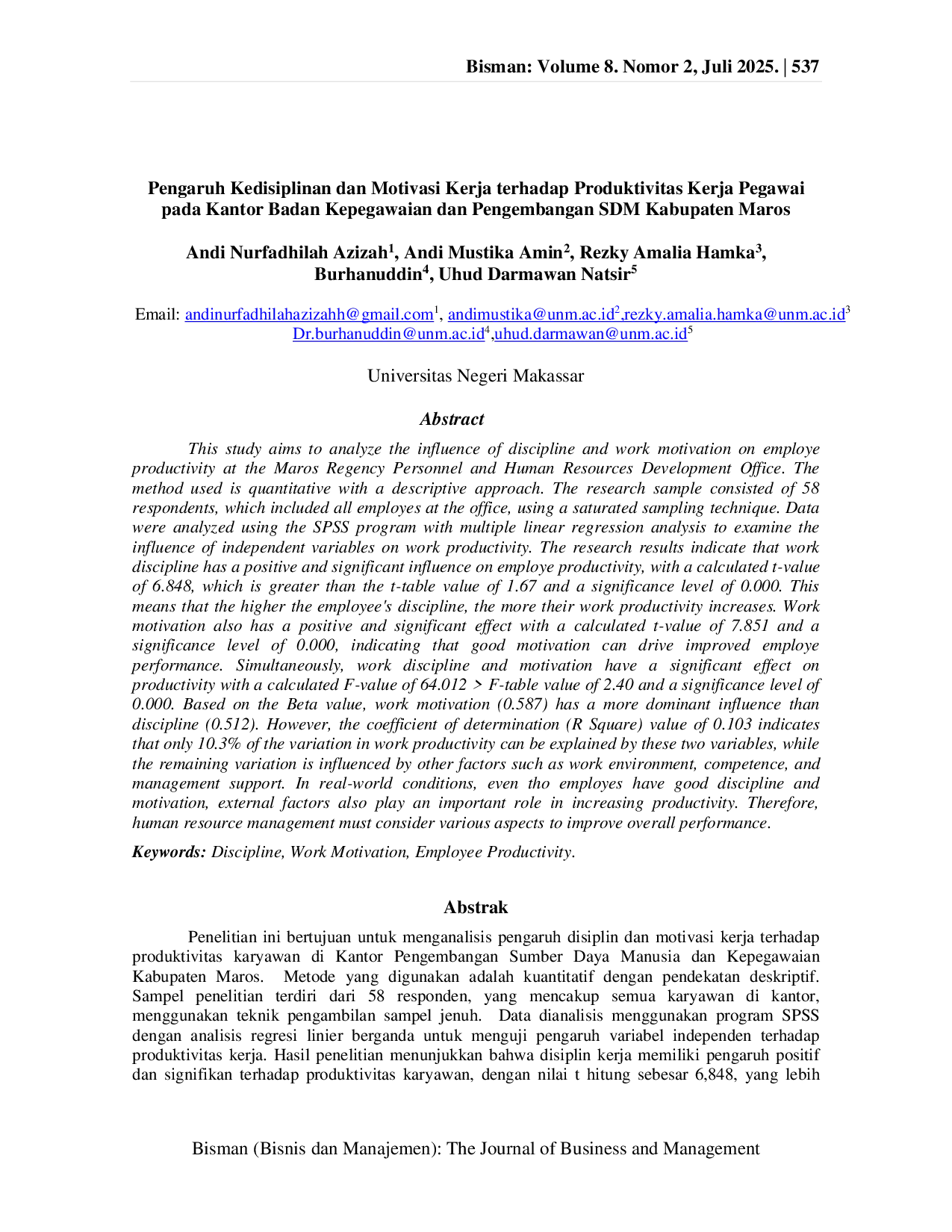 JURIS Pengaruh Kedisiplinan dan Motivasi Kerja Terhadap Produktivitas Kerja Pegawai pada Kantor Badan Kepegawaian dan Pengembangan SDM Kabupaten Maros