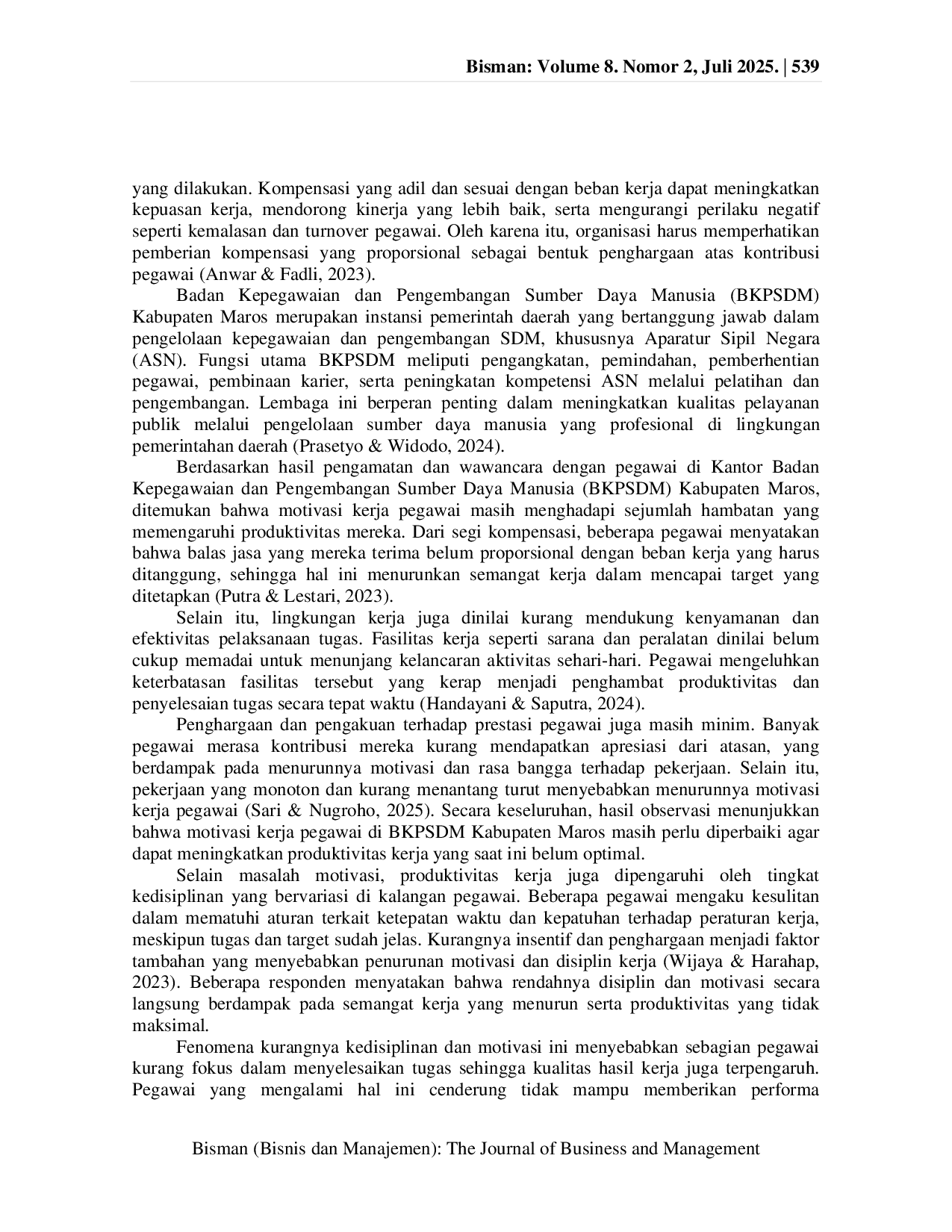 JURIS Pengaruh Kedisiplinan dan Motivasi Kerja Terhadap Produktivitas Kerja Pegawai pada Kantor Badan Kepegawaian dan Pengembangan SDM Kabupaten Maros