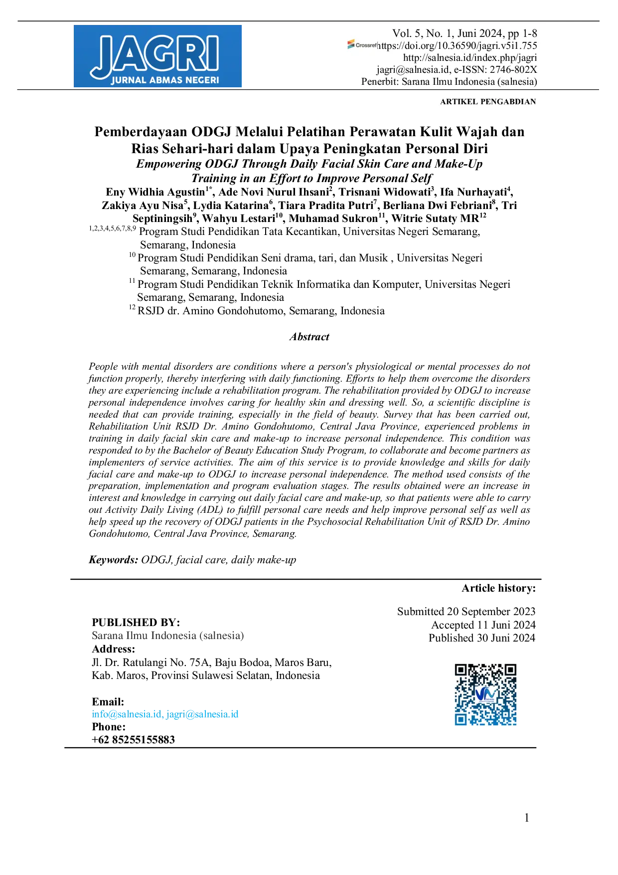 JURIS Pemberdayaan ODGJ Melalui Pelatihan Perawatan Kulit Wajah dan Rias Sehari hari dalam Upaya Peningkatan Personal Diri