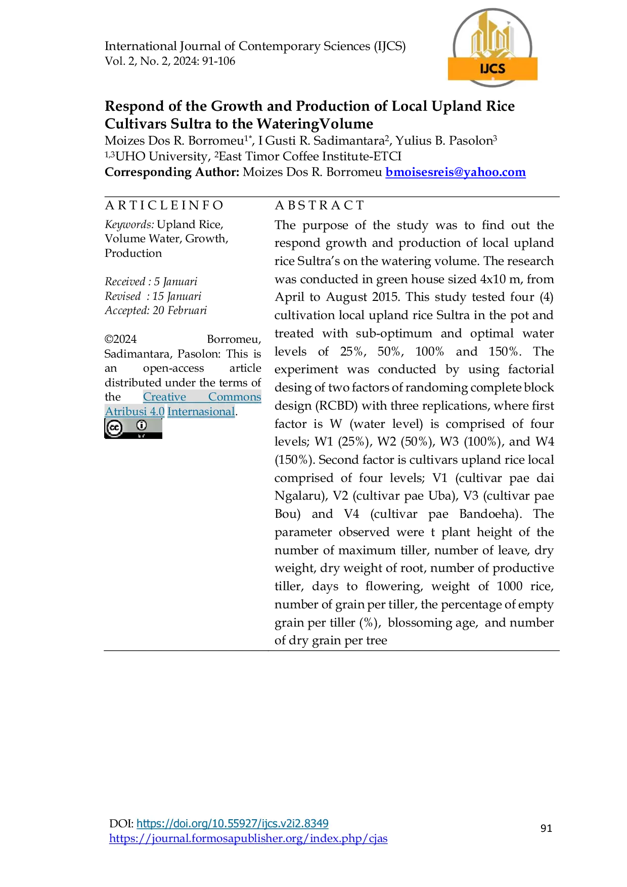 JURIS Respon Pertumbuhan dan Produksi Padi Gogo Lokal Sultra terhadap Volume Penyiraman