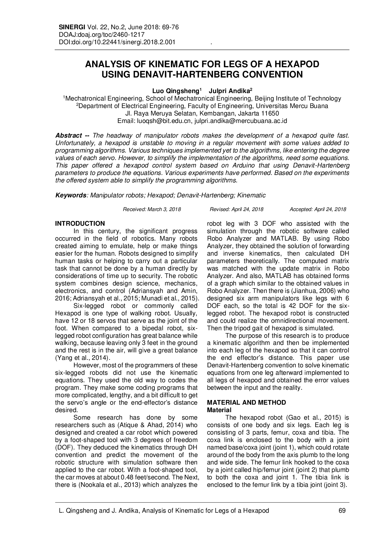 JURIS Analysis Of Kinematic For Legs Of A Hexapod Using Denavit Hartenberg Convention