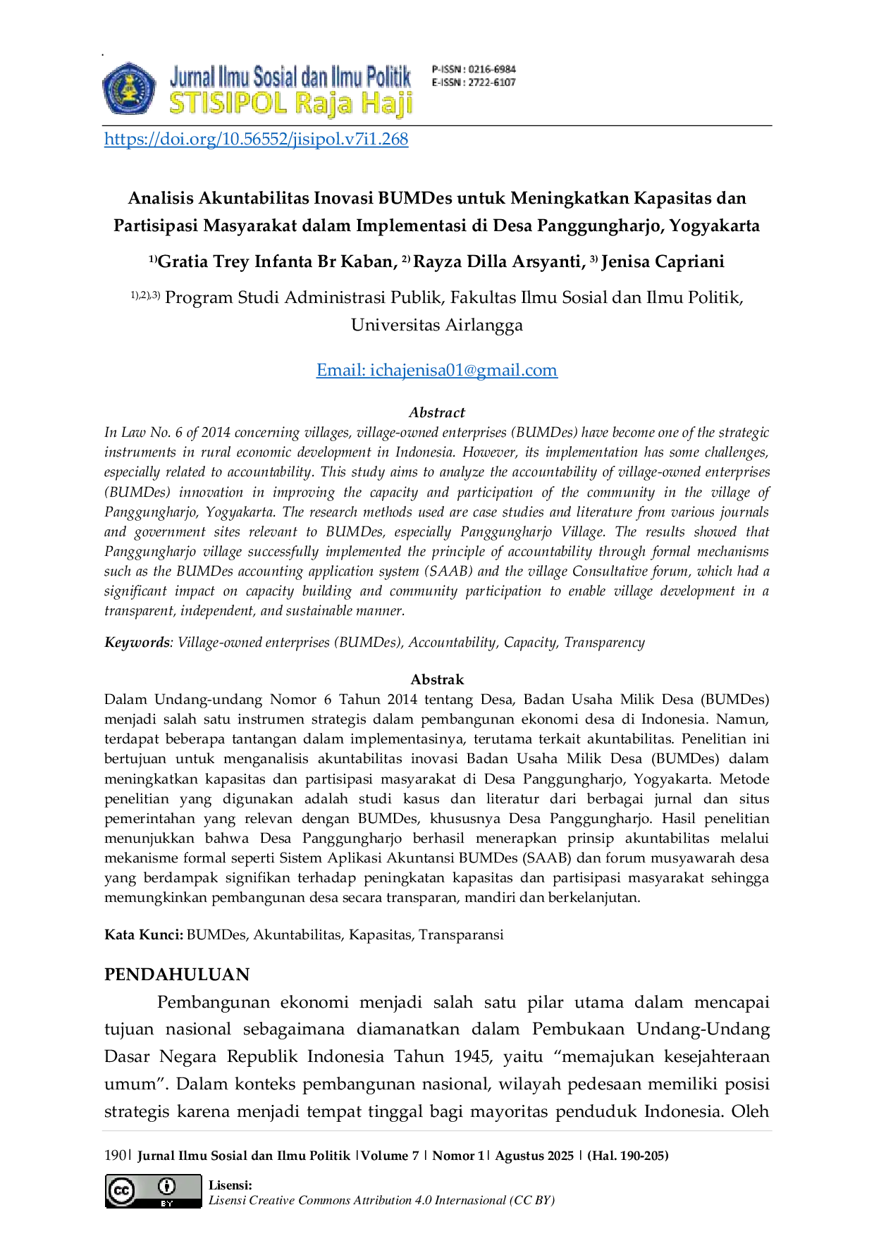 JURIS Analisis Akuntabilitas Inovasi BUMDes untuk Meningkatkan Kapasitas dan Partisipasi Masyarakat dalam Implementasi di Desa Panggungharjo Yogyakarta