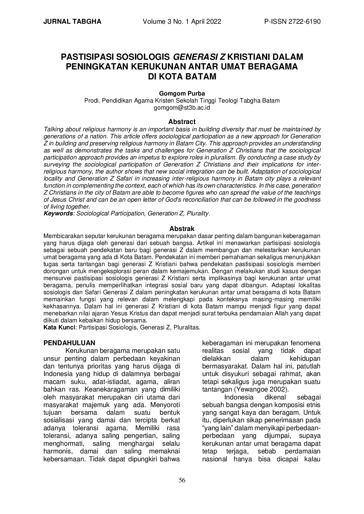 JURIS Partisipasi Sosiologis Generasi Z Kristiani dalam Peningkatan Kerukunan Antar Umat Beragama di Kota Batam