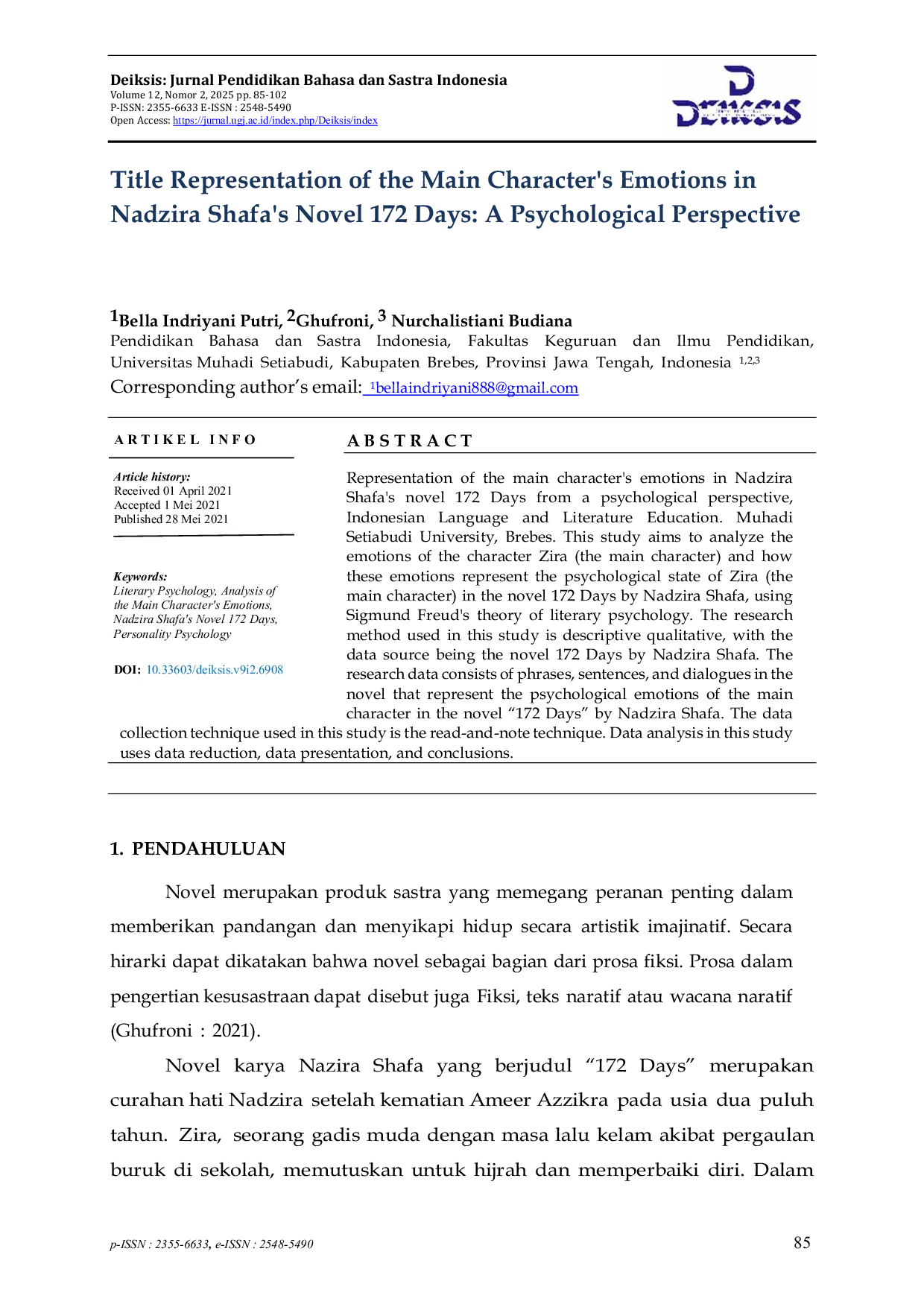 JURIS Title Representation of the Main Character s Emotions in Nadzira Shafa s Novel 172 Days A Psychological Perspective