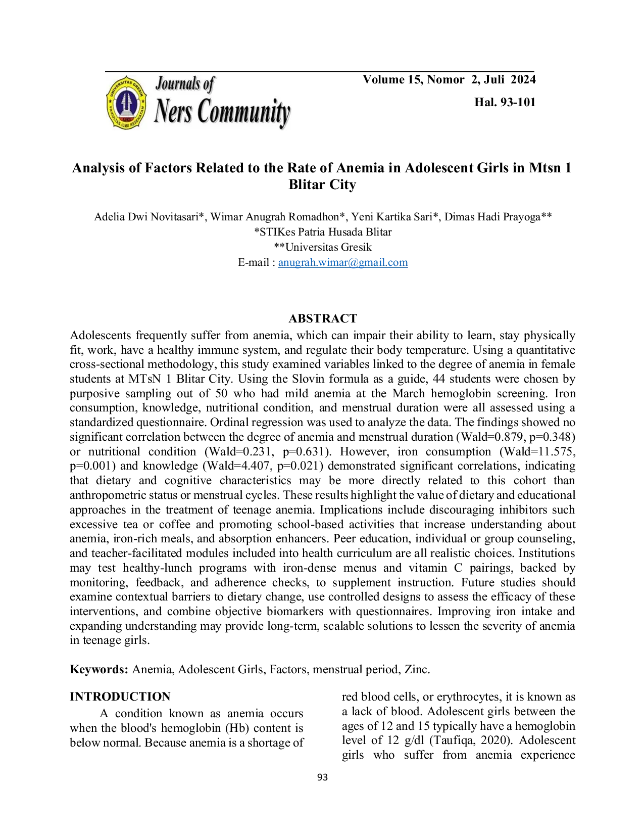 JURIS A Analysis of Factors Related to the Rate of Anemia in Adolescent Girls in Mtsn 1 Blitar City