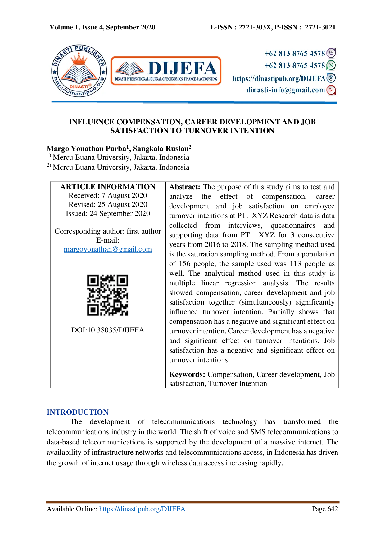 juris Influence Compensation Career Development and Job Satisfaction to Turnover Intention