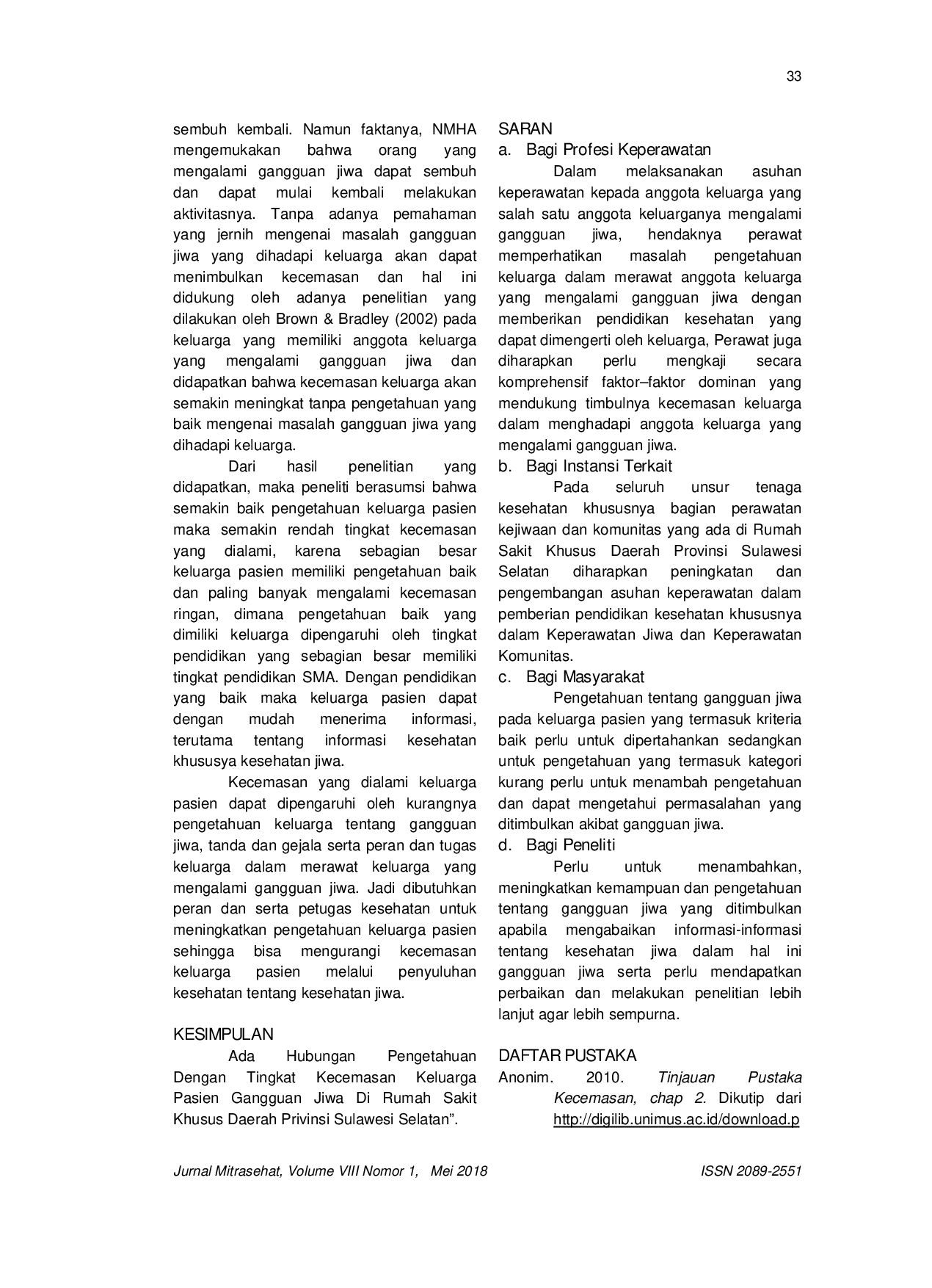 JURIS Hubungan Pengetahuan Dengan Tingkat Kecemasan Keluarga Pasien Gangguan Jiwa Di Rumah Sakit Khusus Daerah Provinsi Sulawesi Selatan