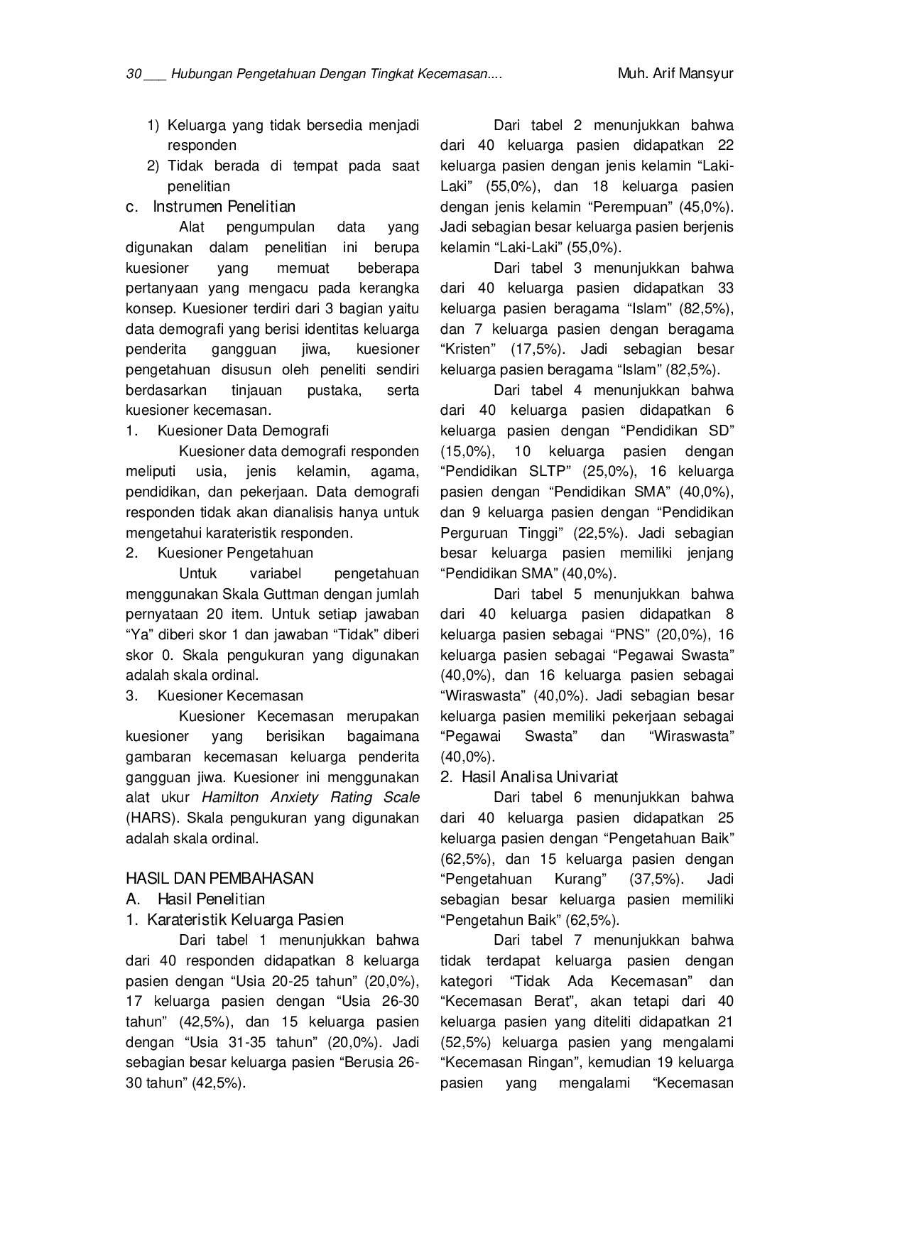 JURIS Hubungan Pengetahuan Dengan Tingkat Kecemasan Keluarga Pasien Gangguan Jiwa Di Rumah Sakit Khusus Daerah Provinsi Sulawesi Selatan