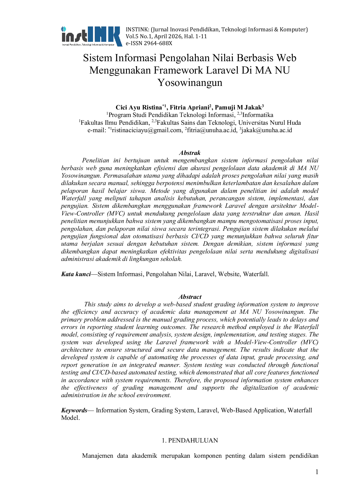 JURIS Sistem Informasi Pengolahan Nilai Berbasis Web Menggunakan Framework Laravel Di MA NU Yosowinangun