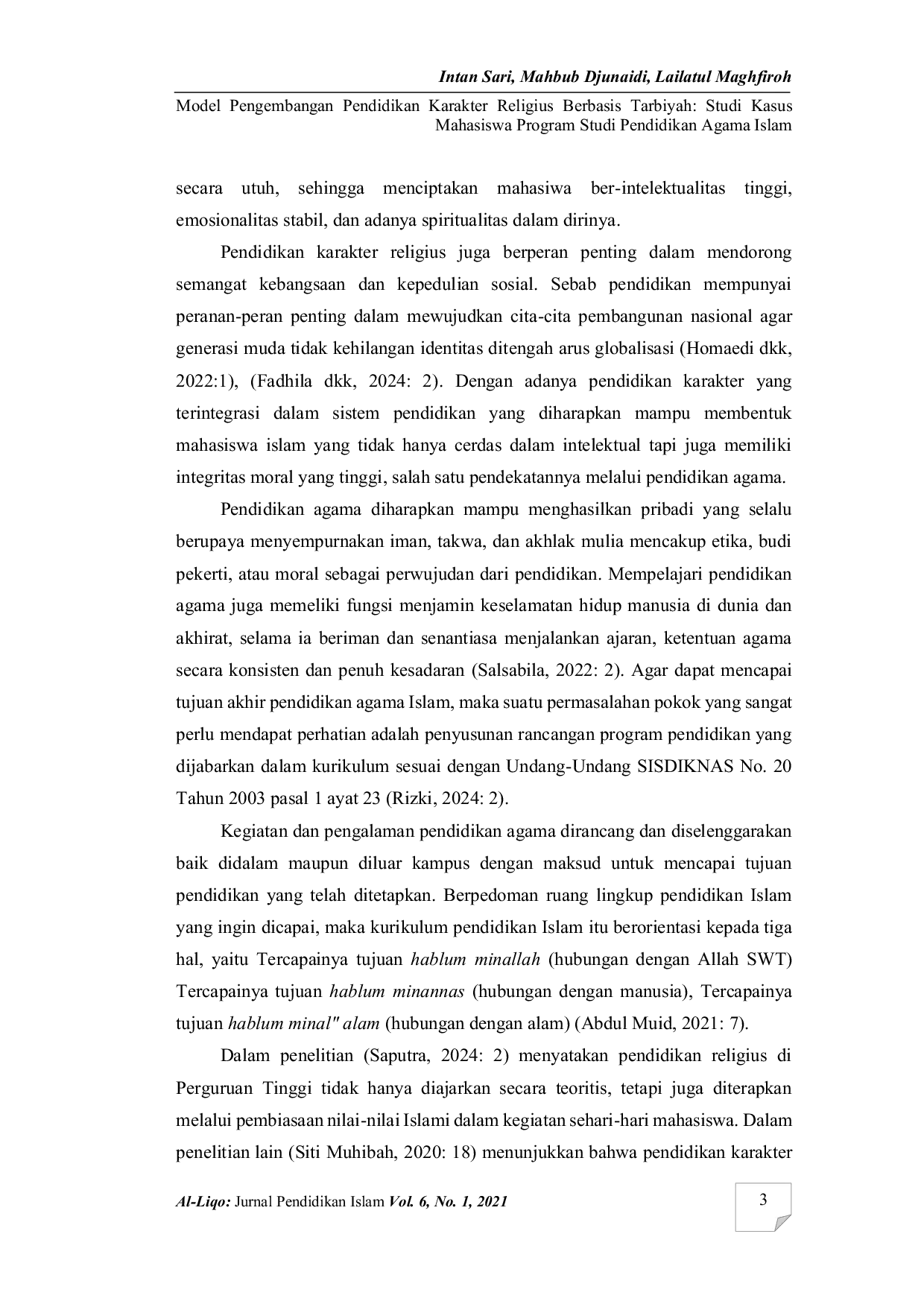 JURIS Model pengembangan pendidikan karakter religius berbasis tarbiyah Studi kasus mahasiswa program studi pendidikan agama Islam