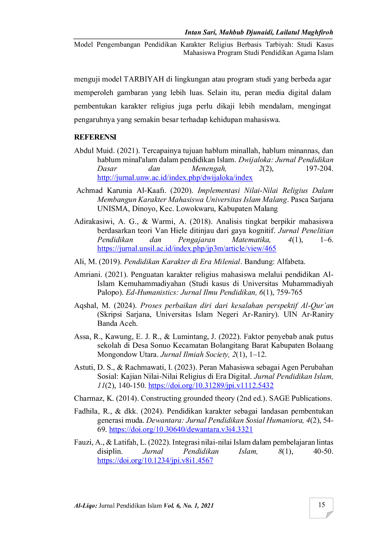 JURIS Model pengembangan pendidikan karakter religius berbasis tarbiyah Studi kasus mahasiswa program studi pendidikan agama Islam