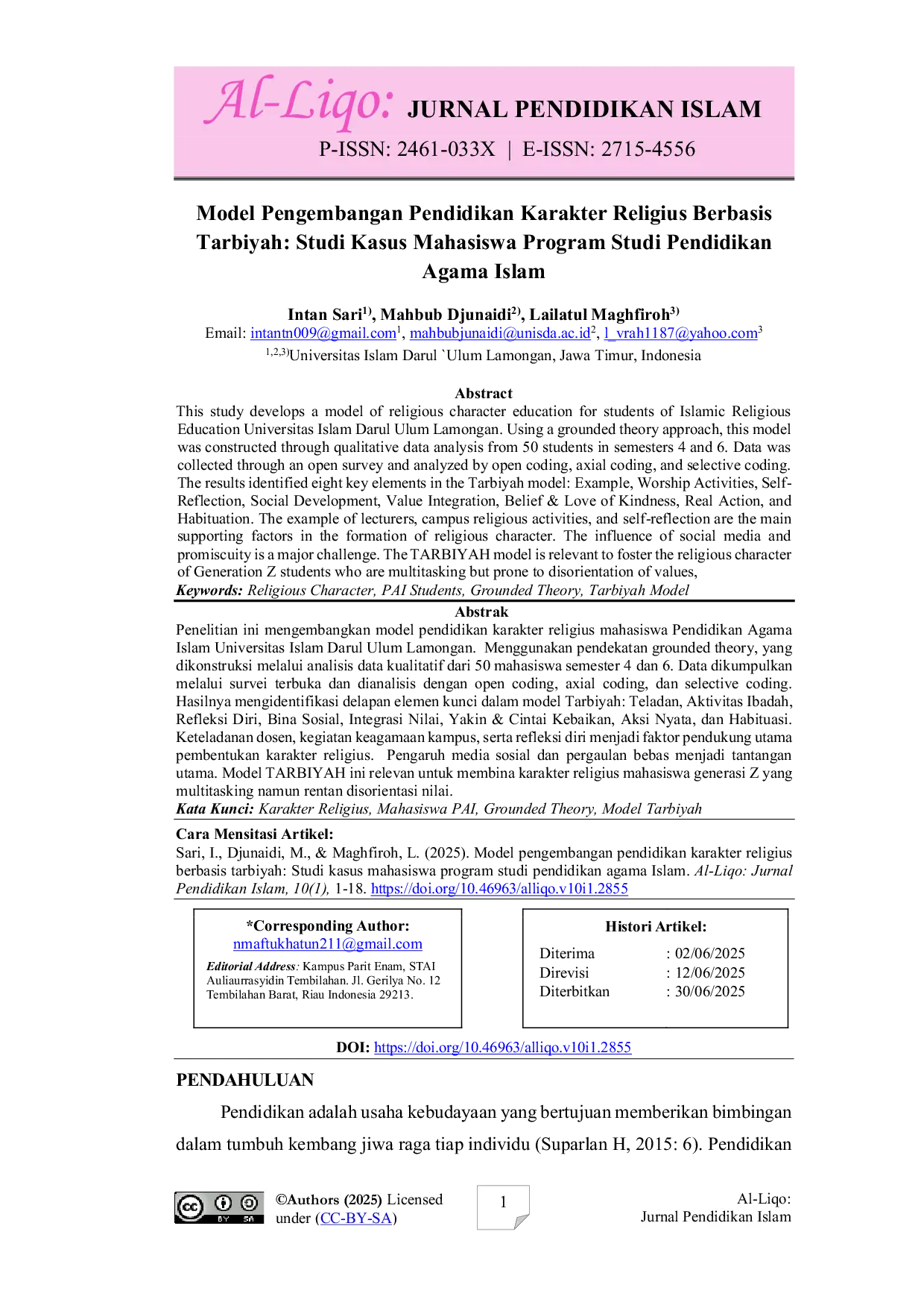 JURIS Model pengembangan pendidikan karakter religius berbasis tarbiyah Studi kasus mahasiswa program studi pendidikan agama Islam