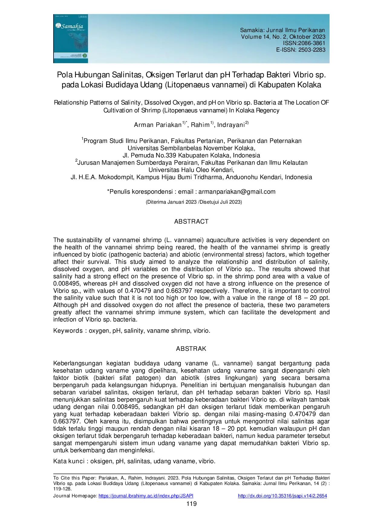 JURIS Pola Hubungan Salinitas Oksigen Terlarut dan pH Terhadap Bakteri Vibrio sp pada Lokasi Budidaya Udang Litopenaeus vannamei di Kabupaten Kolaka