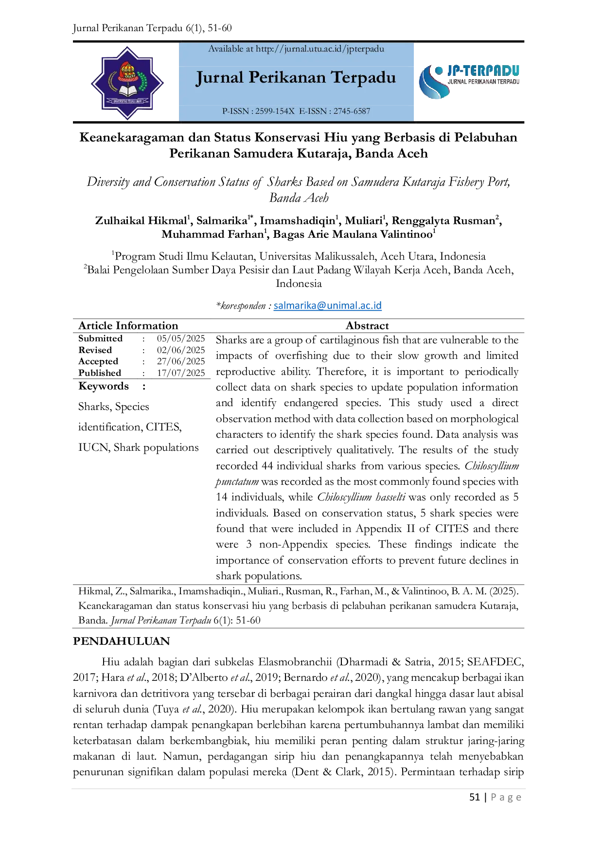 JURIS Keanekaragaman dan Status Konservasi Hiu yang Berbasis di Pelabuhan Perikanan Samudera Kutaraja Banda Aceh