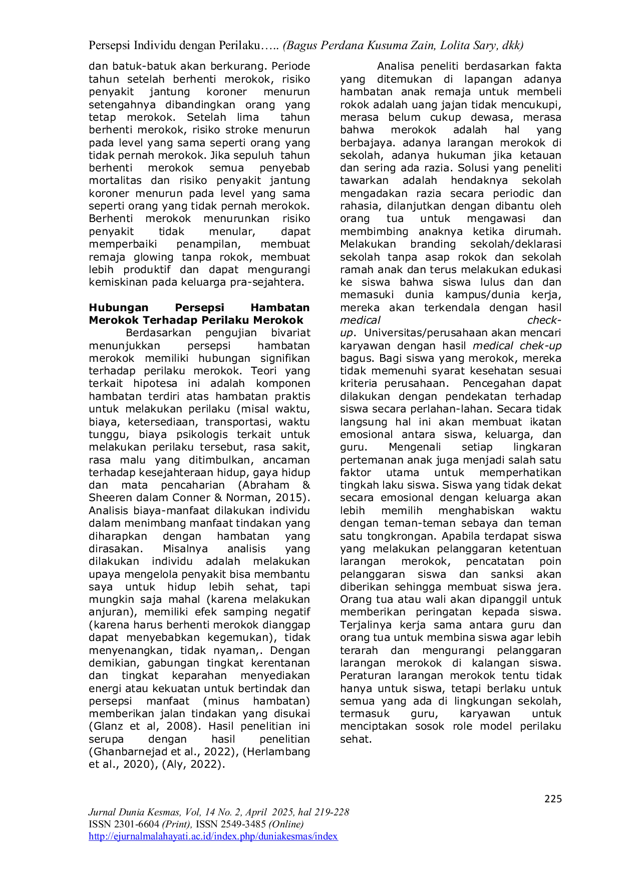 JURIS Persepsi individu dengan Perilaku Merokok Remaja Usia SMA di Kabupaten EX Provinsi Lampung