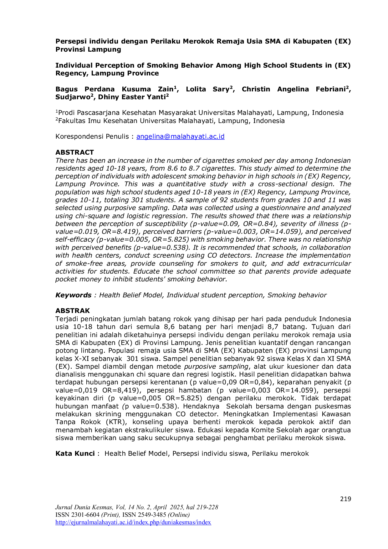 JURIS Persepsi individu dengan Perilaku Merokok Remaja Usia SMA di Kabupaten EX Provinsi Lampung