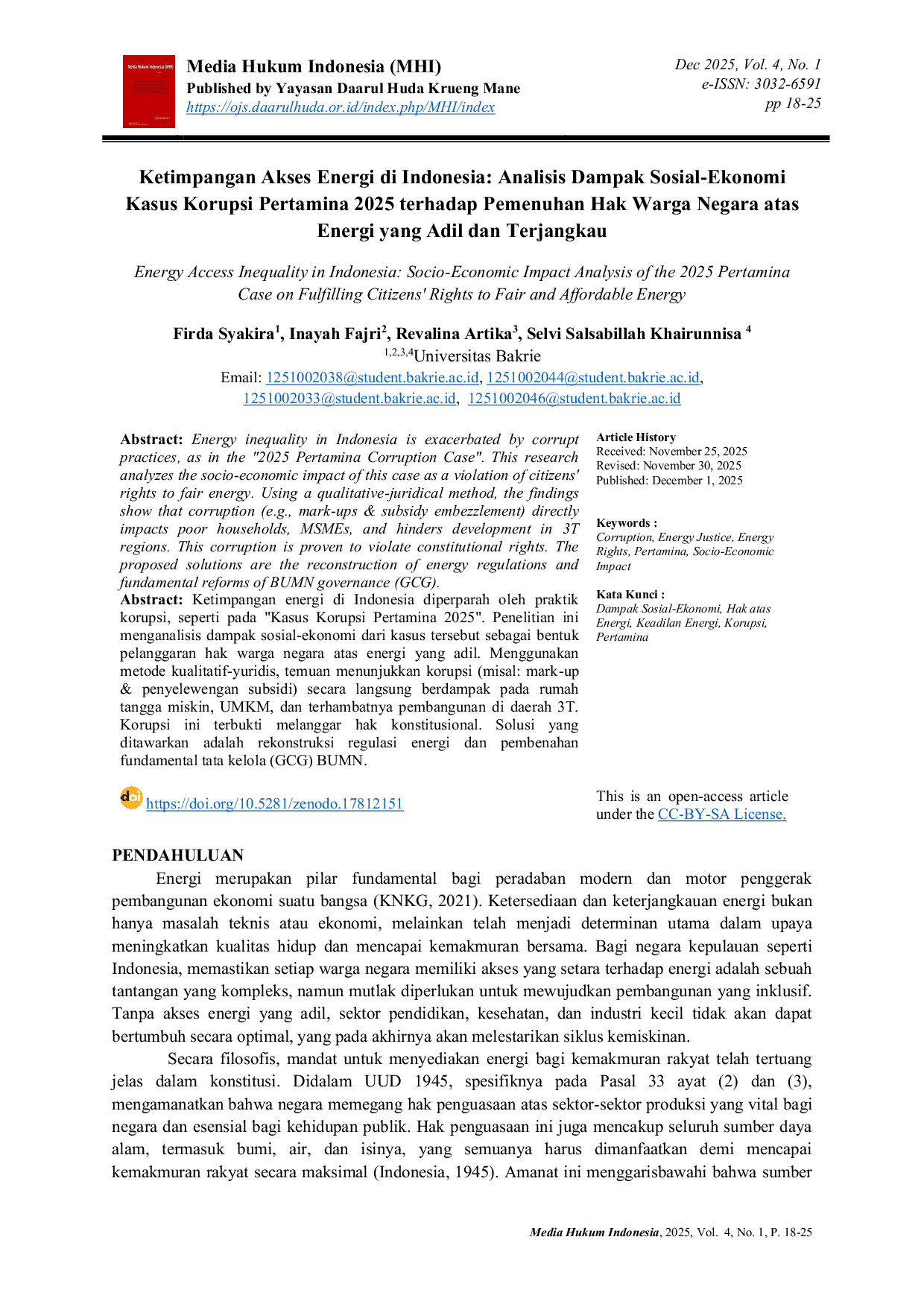 JURIS Energy Access Inequality in Indonesia Socio Economic Impact Analysis of the 2025 Pertamina Case on Fulfilling Citizens Rights to Fair and Affordable Energy