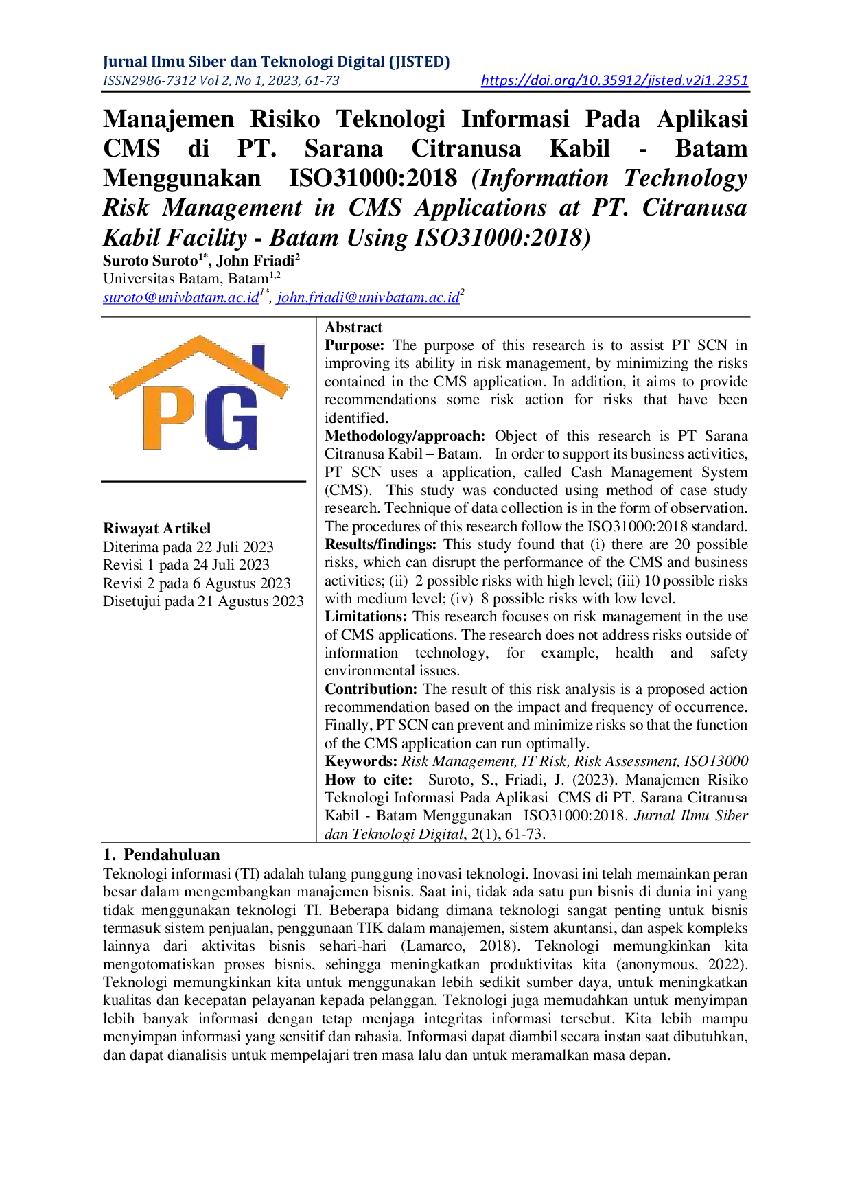 JURIS Manajemen Risiko Teknologi Informasi Pada Aplikasi CMS di PT Sarana Citranusa Kabil Batam Menggunakan ISO31000 2018