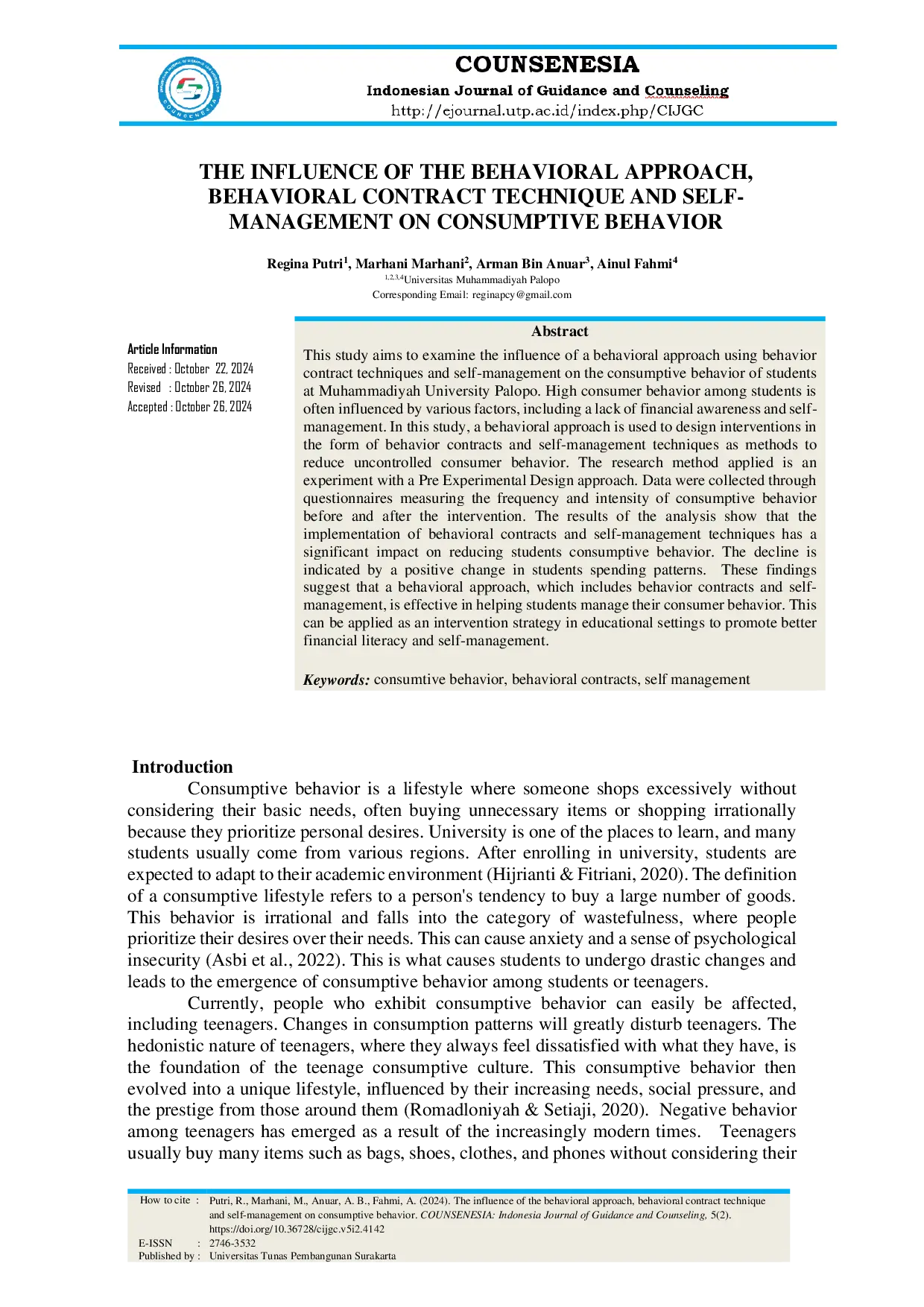 JURIS The Influence of the Behavioral Approach Behavioral Contract Technique and Self Management on Consumptive Behavior